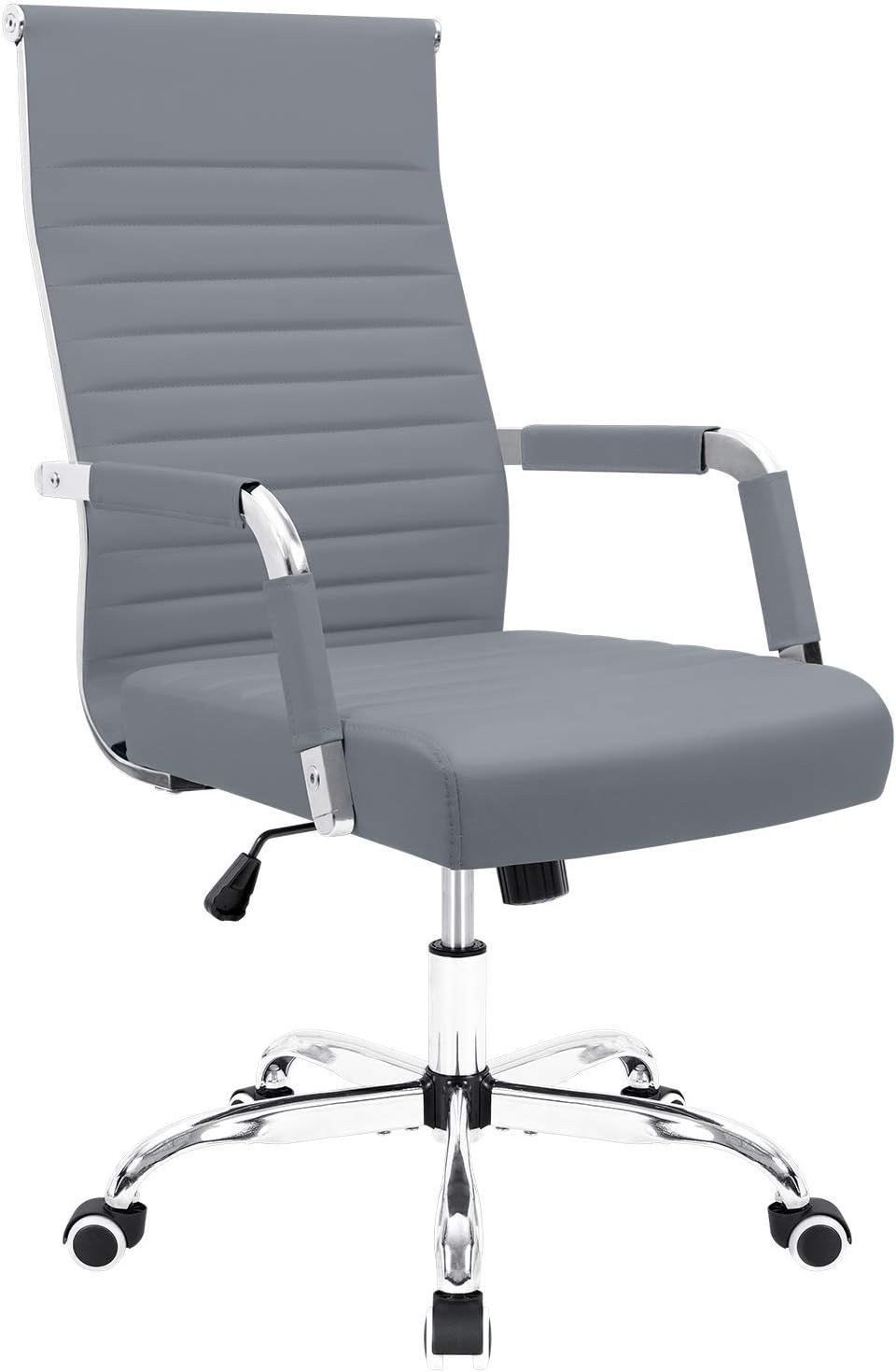 Ribbed Office Desk Mid-Back Pu Leather Executive Conference Task Adjustable Swivel Chair with Arms, White