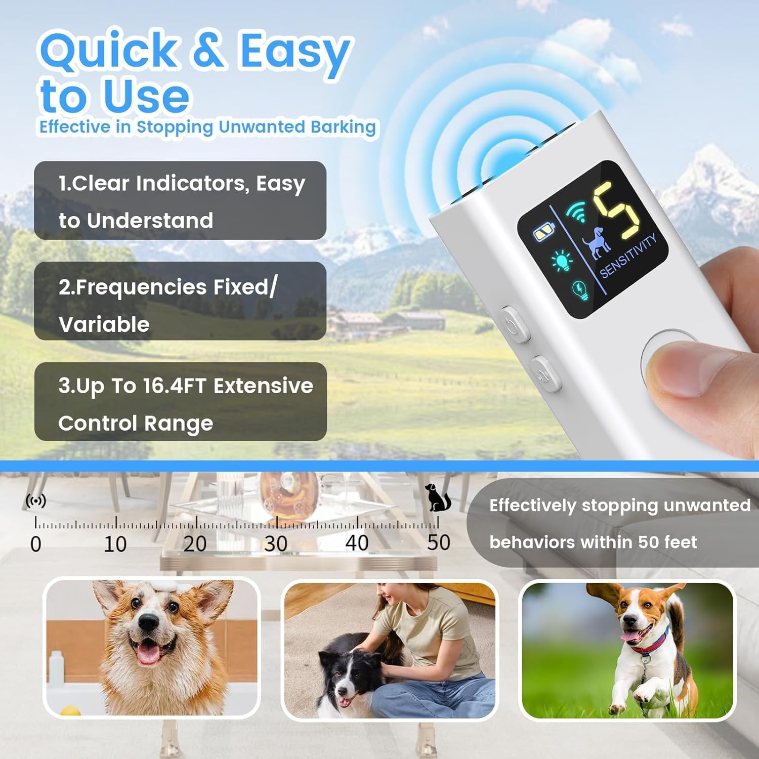 Anti Barking Device for Dogs, Multi-Functional Dog Bark Deterrent Devices up to 30 Ft Effective Control Range, 3 Modes & LED Light Ultrasonic Dog Trainer, Safe for Human & Dogs image number 2