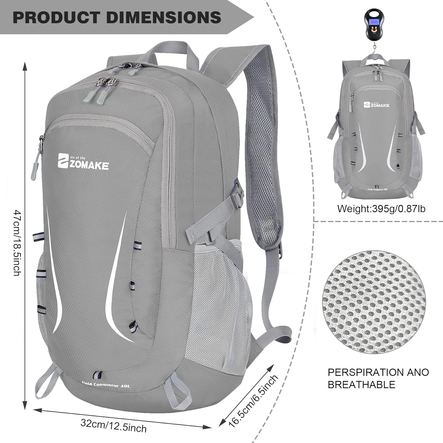 Zomake Foldable Backpack - Lightweight Packable Hiking Packs 35L, Waterproof Daypack for Travel, Outdoor Camping and Daily Use - Grey image number 6
