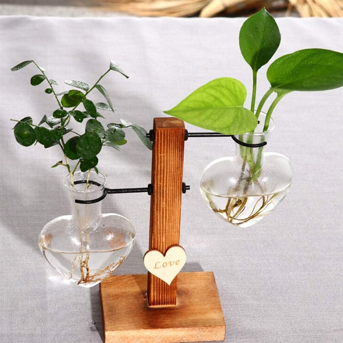 Plant Terrarium with Wooden Stand, Creative Double Heart Glass Hydroponic Vases, Modern Plant Propagation Station Desktop Planter Bulb Vase for Home Garden Office Decoration image number 4