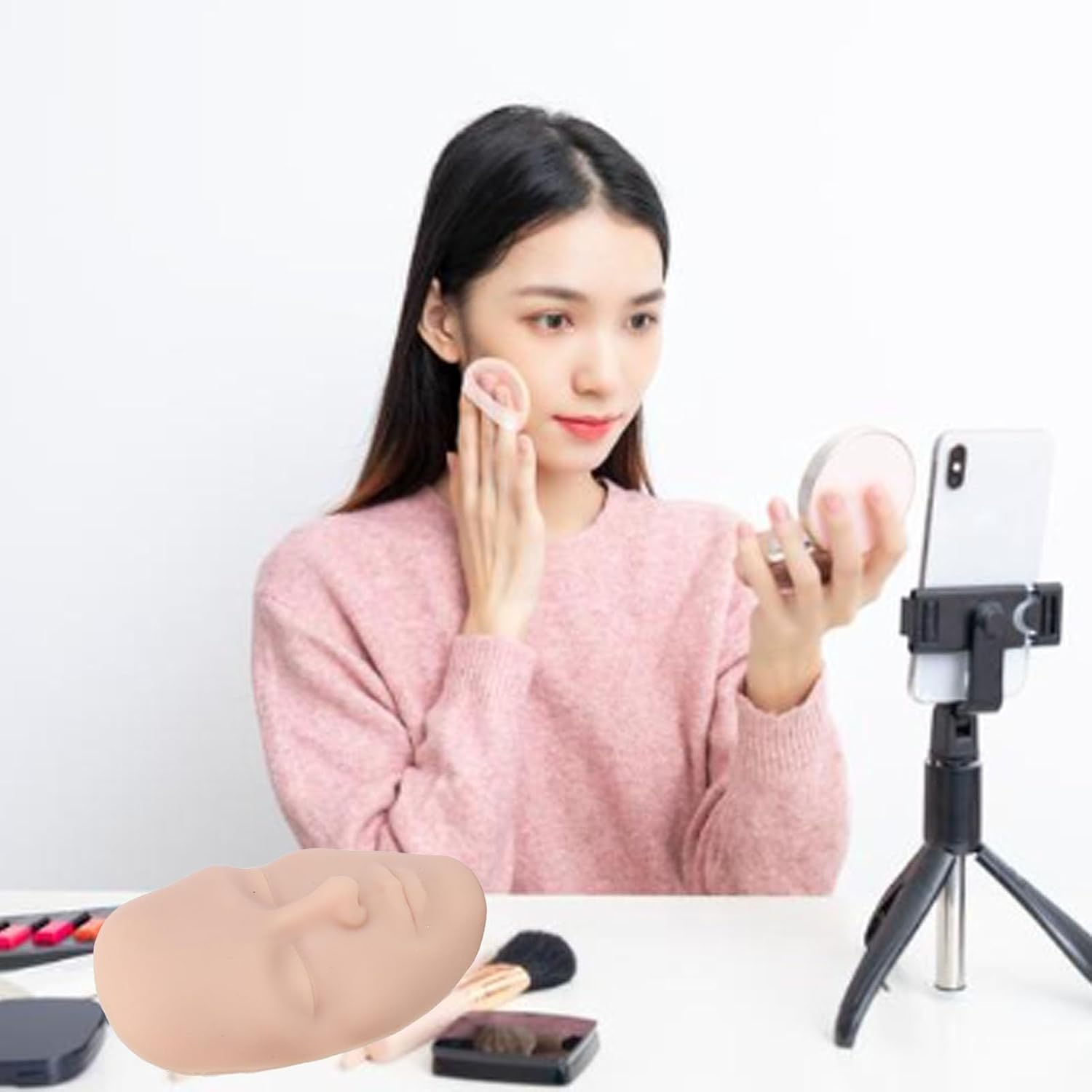 Cryfokt 3D Silicone Makeup Practice Face Board Reusable Cosmetic Mannequin with 7PCS Brush for Beginner, Portable Beauty Training Tool for Makeup Artists (Medium Skin Color) image number 2