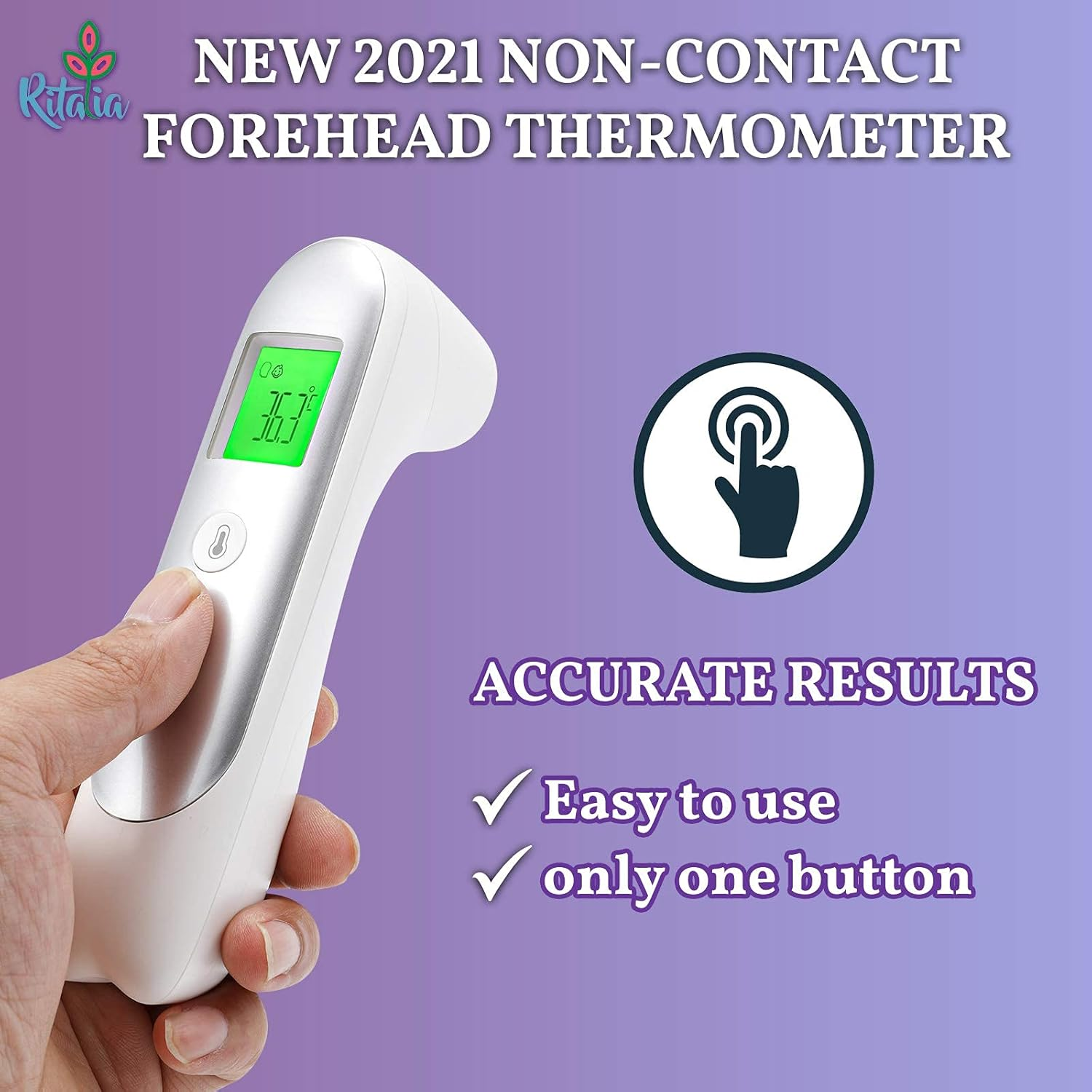 Baby Thermometer Ritalia&reg; Digital Forehead Thermometer Non-Touch for Adults and Kids - Accurate Infrared Sensors for Clinically Readings Less than 1S - LCD Screen 3 Colors