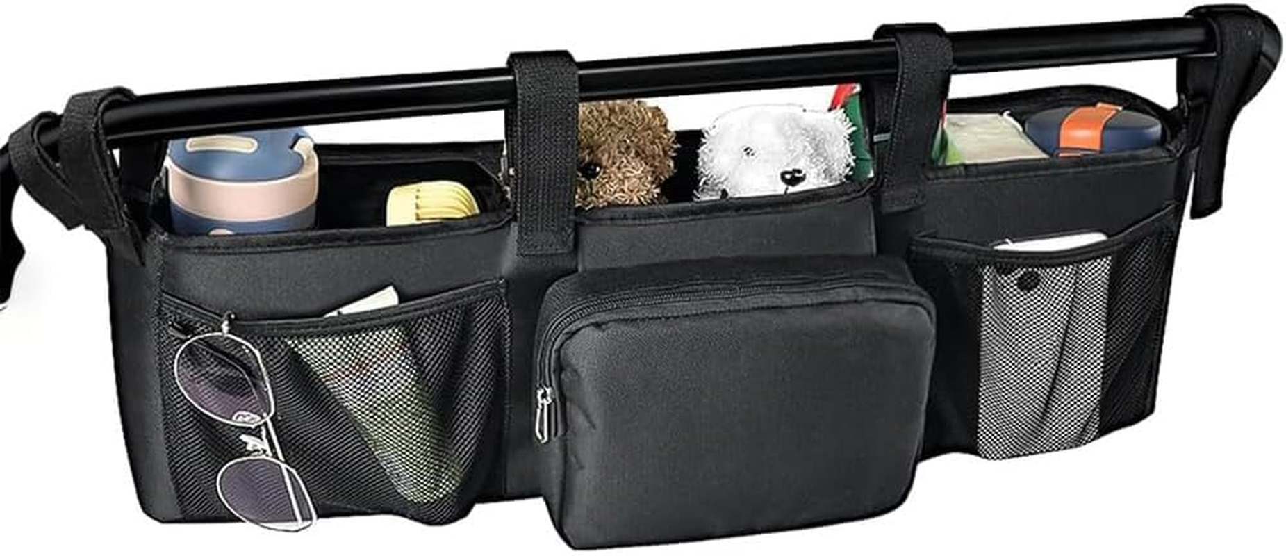 Universal Stroller Organizer, Double Parent Console with Insulated Cup Holders, Large Storage Bag for Diapers, Bottles & Toys, Fits Side-By-Side & Single Strollers, Black image number 2