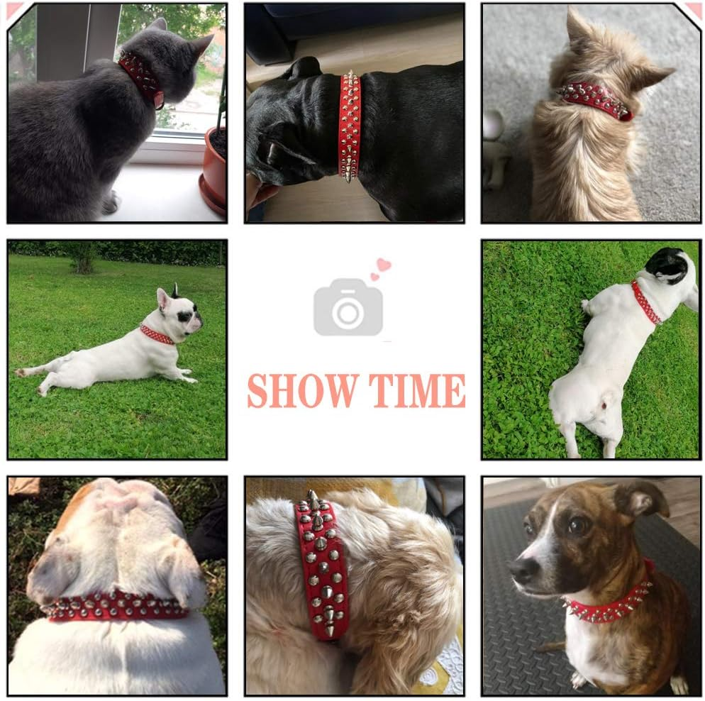DOGGYZSTYLE Spiked Studded Rivet Leather Dog Collar for Cats Puppy Small Medium Pets(16"-18.5" Neck,Red) image number 2