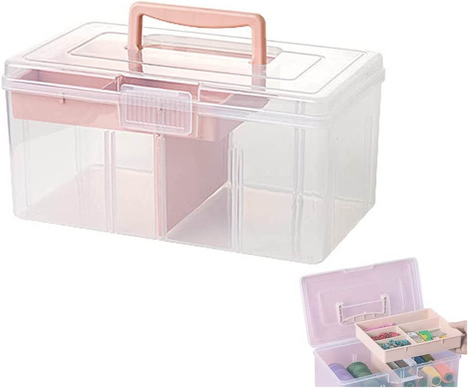 FOREVERIE Clear Small Plastic Storage Box with Handle & a Removable Tray & Adjustable Divider, Kids Students Children Art Box, Desk Organiser Case, Medicine Storage Box (Clear & Ocean Blue)