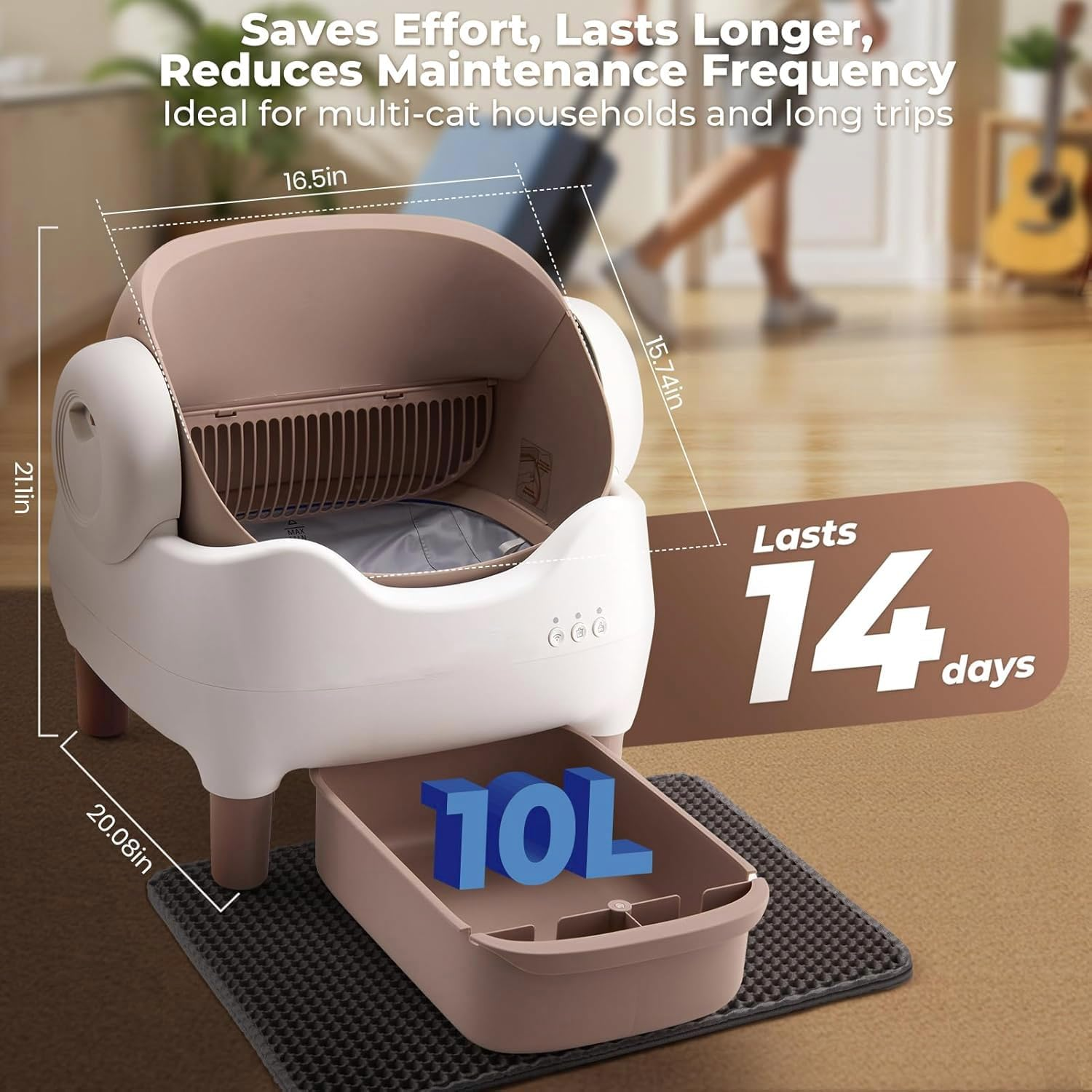 Automatic Cat Litter Box Self-Cleaning Cat Litter Box with Open-Top Design, Included Safety Sensor and 10L Large Waste Bin, with Trash Bags Coffee Brown (White) image number 2
