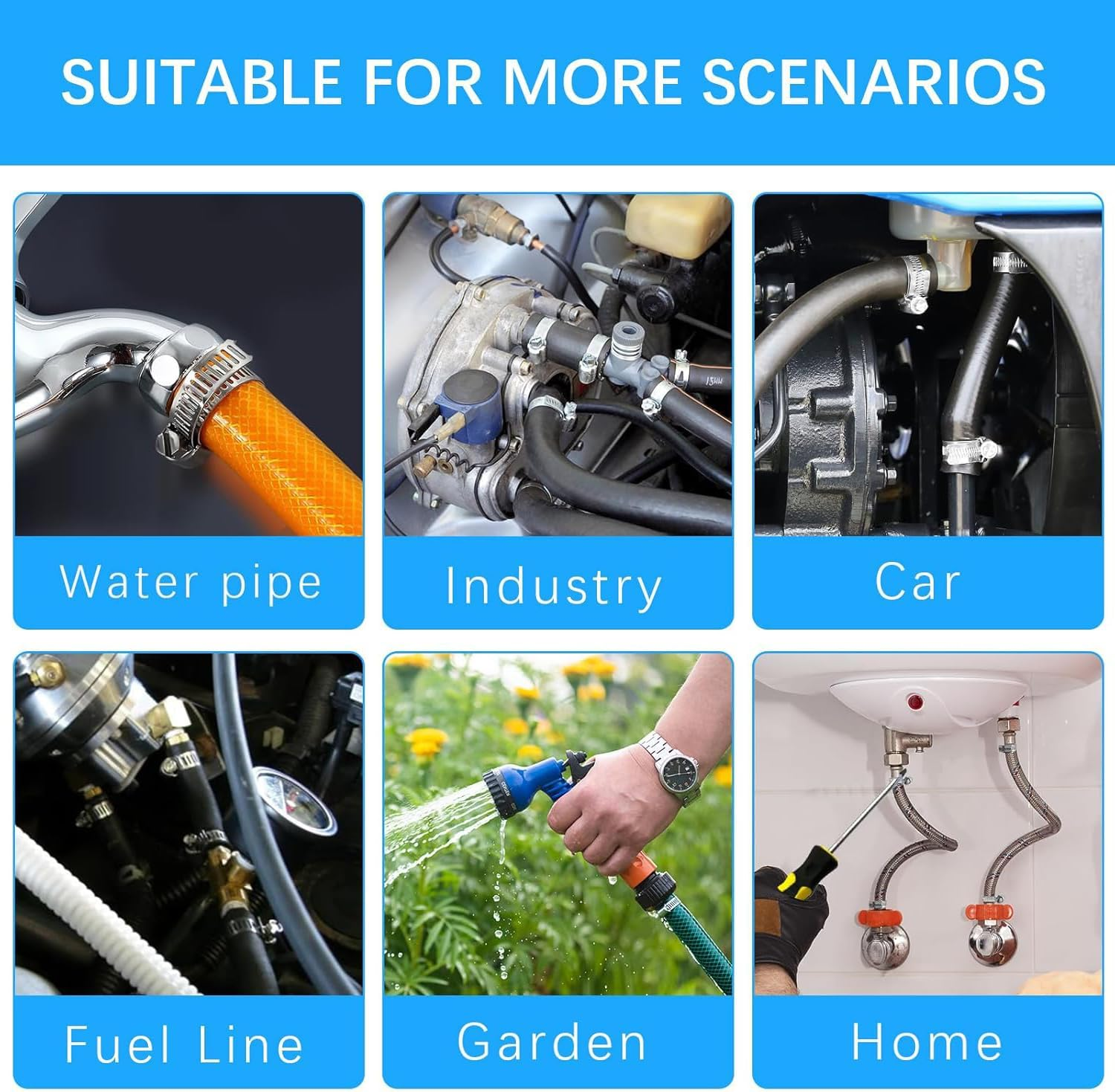 304 Stainless Steel Hose Clamp Assortment Kit, 1/4" to 1-1/2" (6-38Mm) Adjustable Worm Gear Clamps for Plumbing, Automotive, Marine, HVAC & Diy,Rust-Resistant Pipe Clamps for Home & Garden(50-Piece)