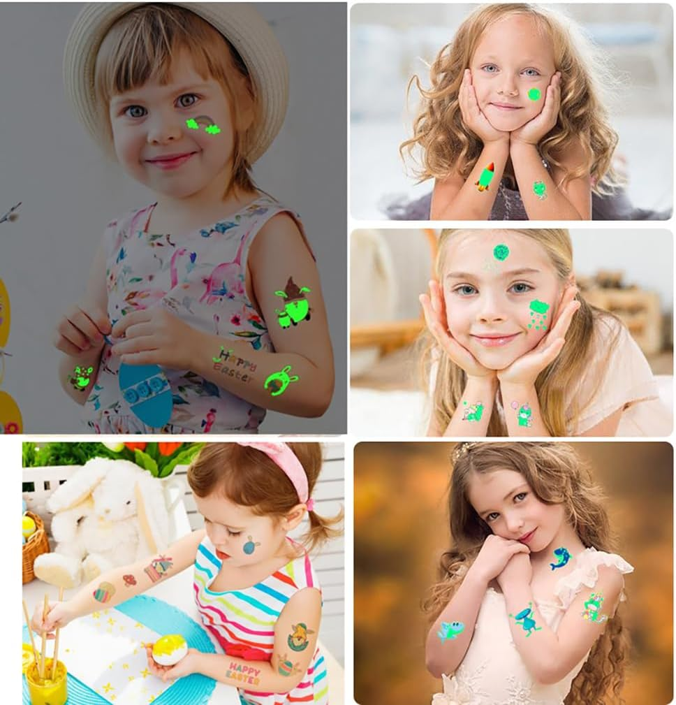 Custelen 100 Pieces Glow-In-The-Dark Easter Temporary Tattoos for Kids - Bunny, Gnome, and Easter Eggs Stickers - 10 Sheets of Waterproof Luminous Tattoo Party Favors image number 2