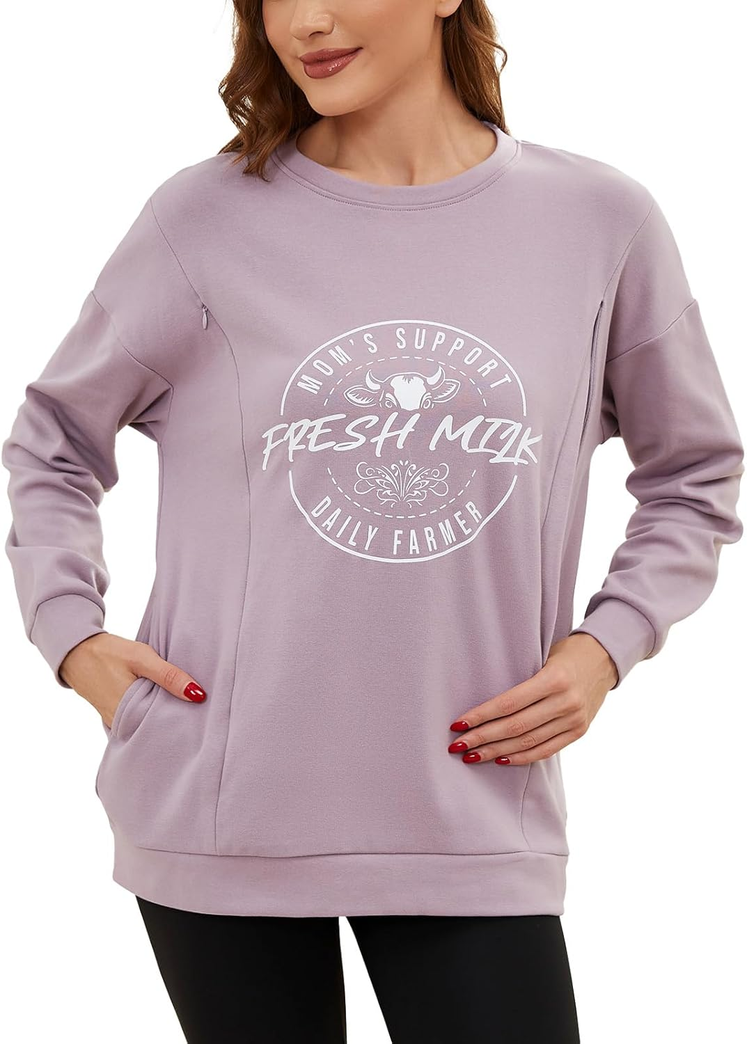 Love2Mi Women'S Long-Sleeved Nursing Shirt Casual Invisible Zip Sweatshirt for Breastfeeding Maternity Wear with Pocket