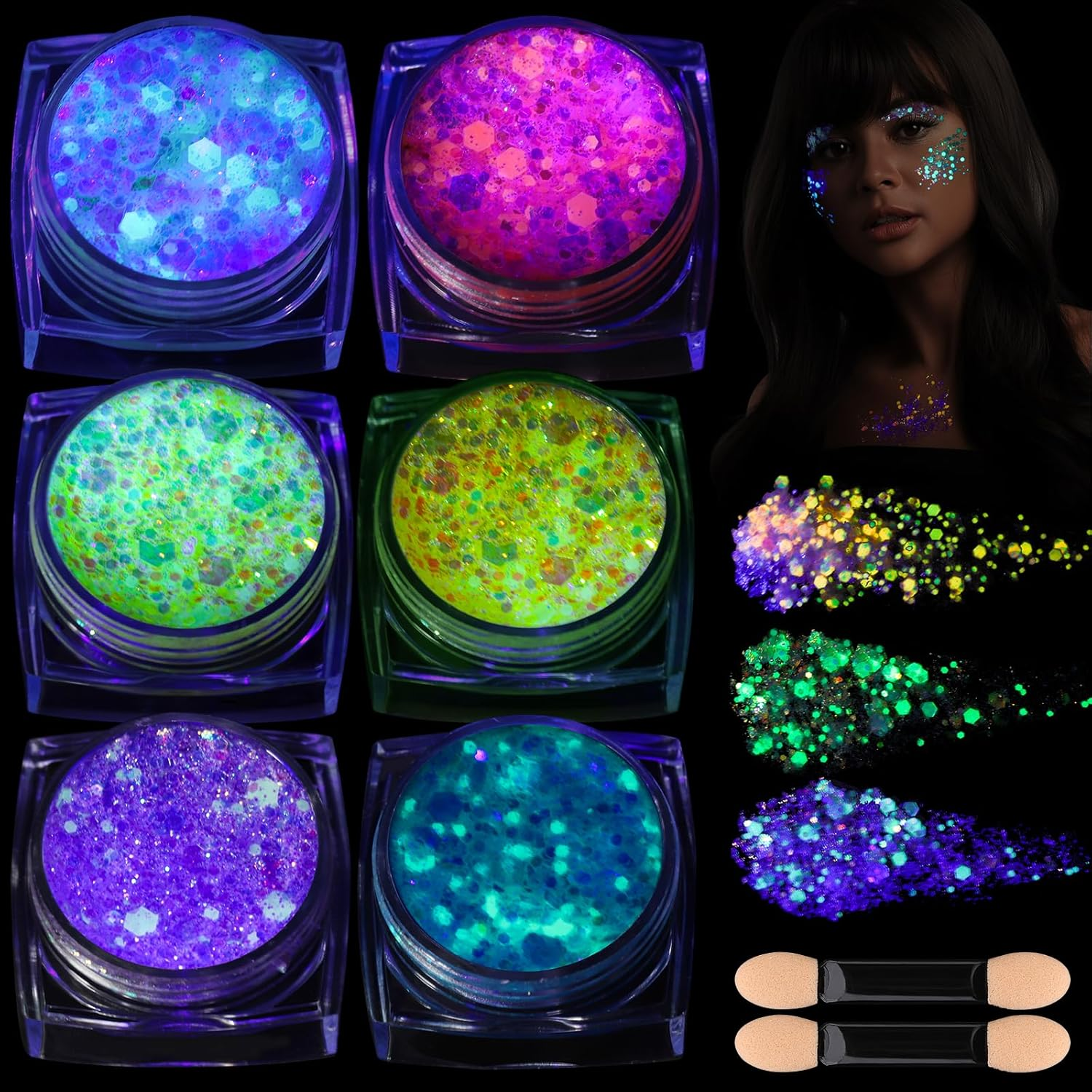 Teenitor 6 Colors Glow in the Dark Glitter Gel, Face Glitter Gel, Body Glitter Hair Glitter for Halloween Makeup UV Black Light Party Cheer Raves Festivals image number 5