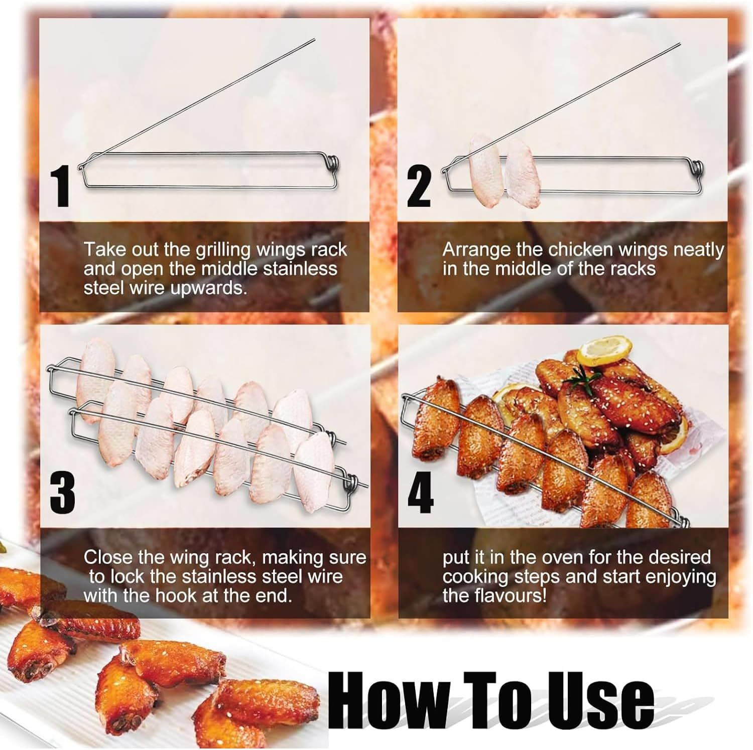 4 Pcs Flat Chicken Wing BBQ Fork, Chicken Wing Holder for Grill, Wing Rails for Chicken, Clamping Wing Rails, Stainless Steel Chicken Wings Grilling Rails, Comes with 2 Silicone Oil Brushes image number 3