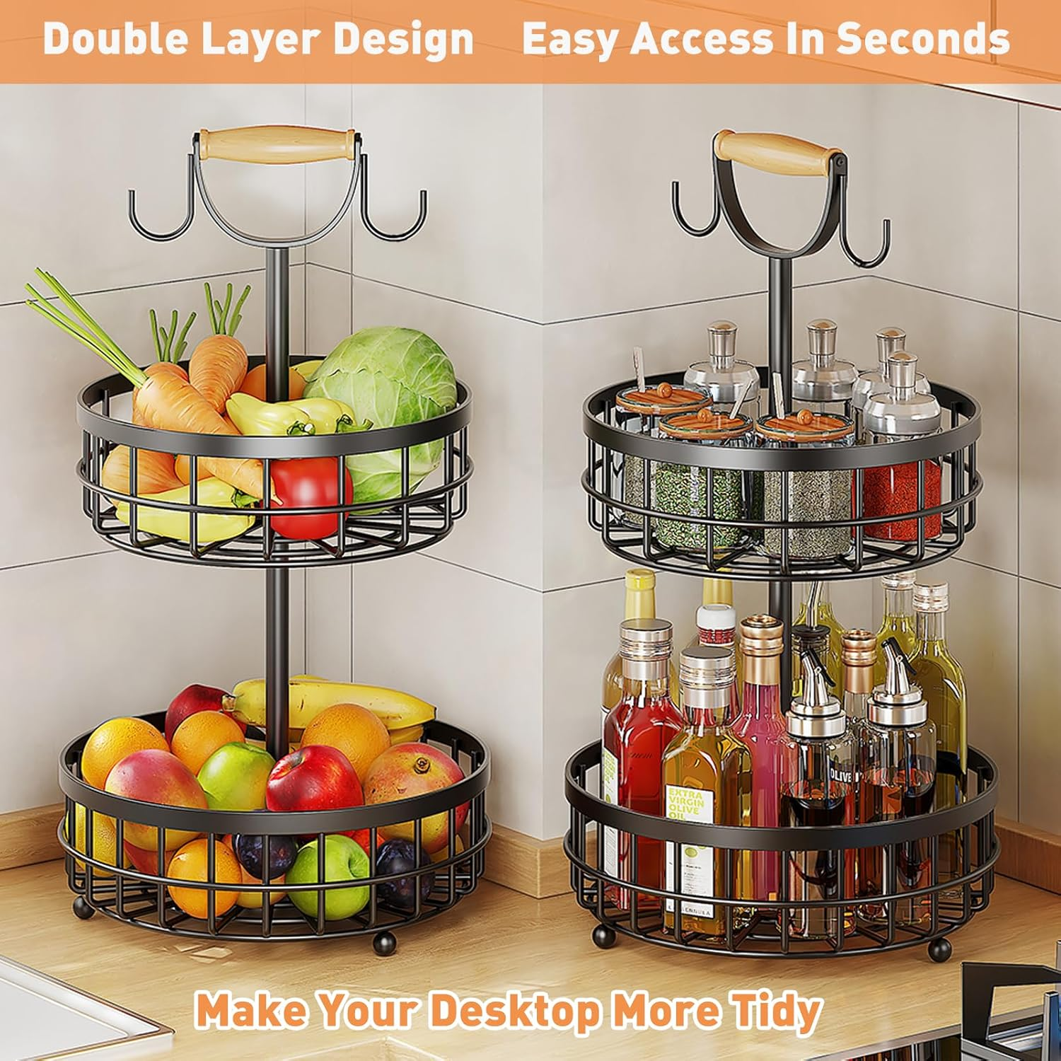 SEDISON 2 Tier Fruit Basket with Banana Hanger, Double Layer Metal Fruit Basket with Wooden Handle, Sturdy Carbon Steel Kitchen Storage Organizer for Fruits, Vegetables and More, Large Capacity image number 4