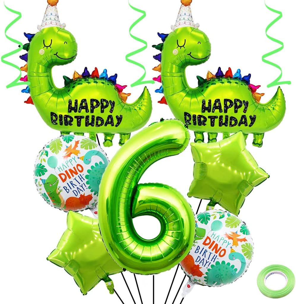 6Th Dinosaur Birthday Balloons Big Cute Dinosaur Aluminum Foil Balloon Number 6 Mylar Balloon for Dino Themed Party Boys Girls Birthday Decor - Green