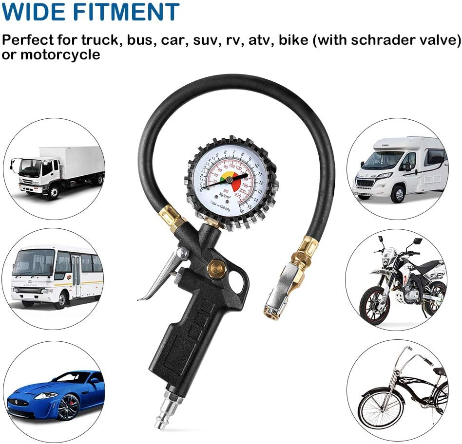 CZC AUTO Tire Inflator Deflator Air Pressure Gauge with Rubber Hose, 2-1/2" Dial Wheel Inflator Gage with Straight Brass Lock-On Chuck Compatible with Air Pump Compressor for RV Car Motorcycle Bike image number 5