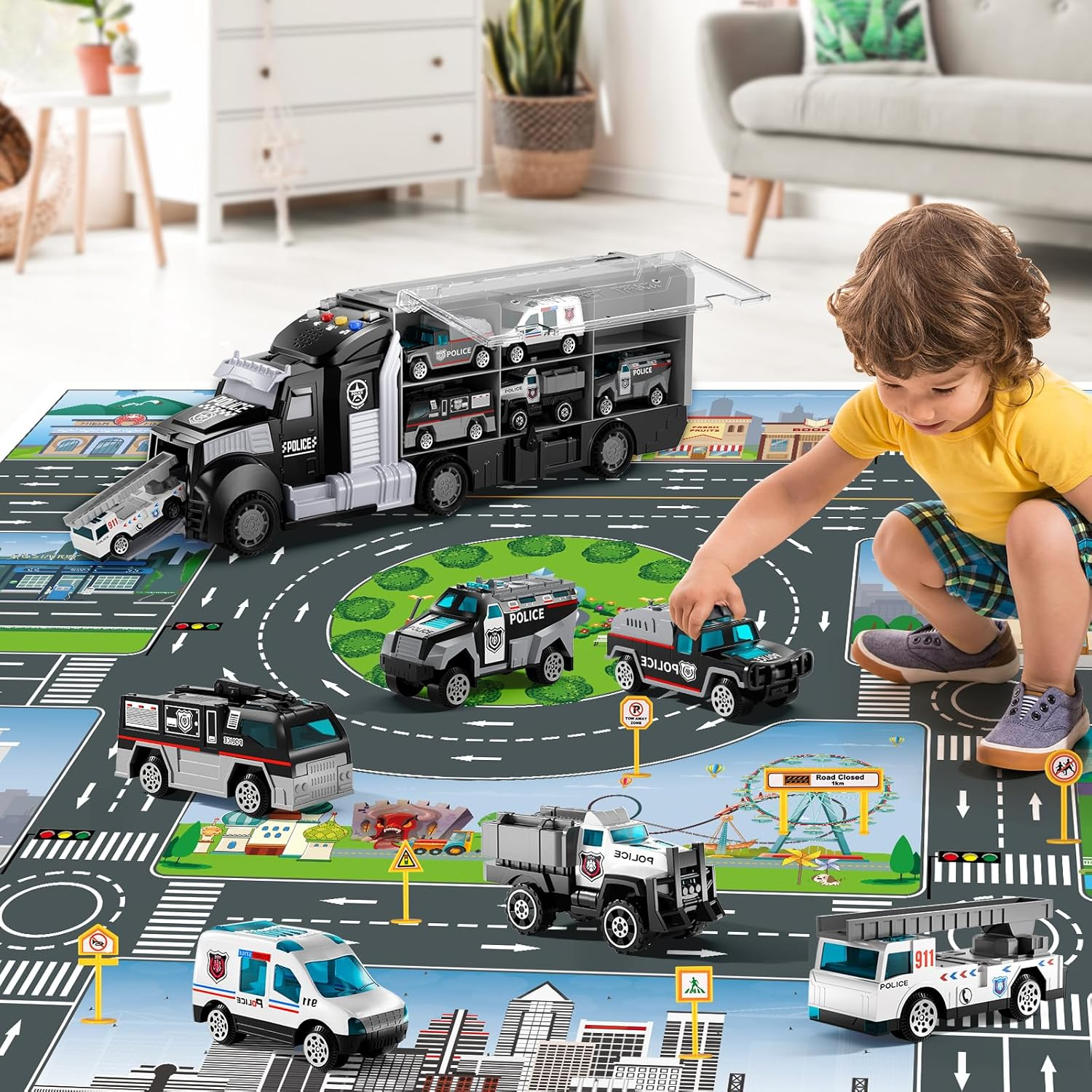 Police Trucks Toy Set with Play Mat, Carrier Truck Play Vehicles Set for 3 4 5 6 Years Old Boys Kids, Die-Cast Car Toy for Toddlers 3-4 Years, Birthday Gifts Toys for 3-9 Year Old Boys image number 4