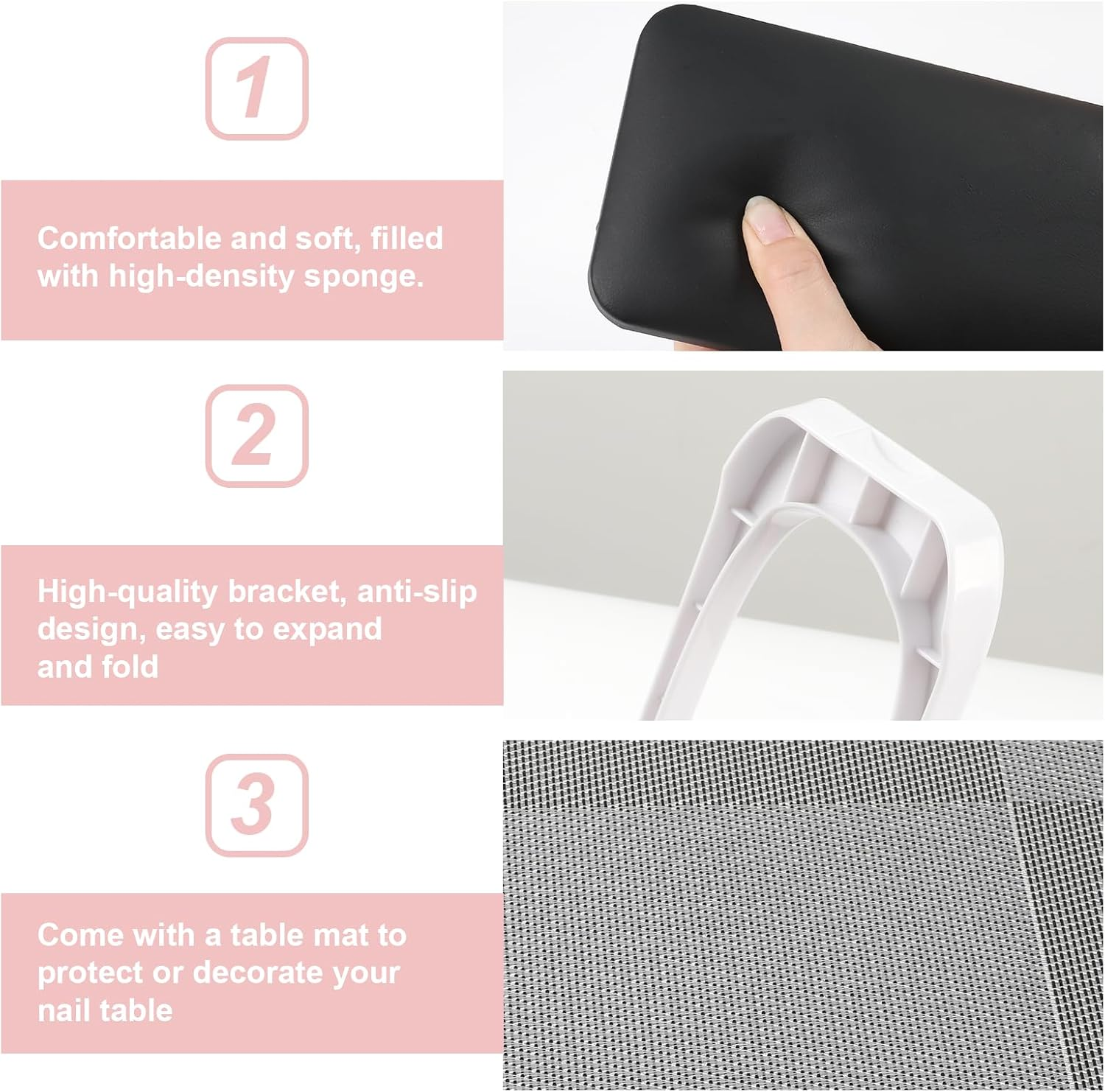 ANGNYA Nail Arm Rest for Nail Tech, Foldable Hand Stand for Nail Tech with PVC Table Mat Microfiber Leather Nail Arm Rest with Bracket Manicure Arm Rest for Nail Salon Technician (Black) image number 5