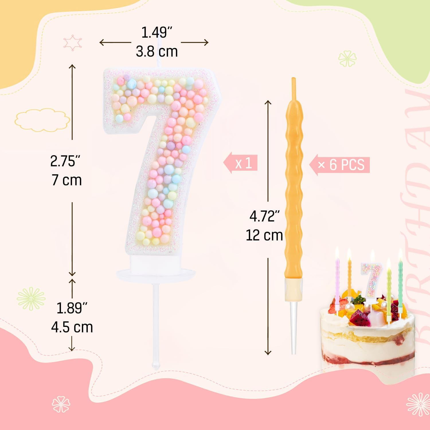 7 Birthday Candle Pastel with 6 Pcs Rainbow Pearl Candles, 3D Macaron Glitter Number 7 Candle for Birthday Cake Girl Women Sweet Theme 7Th Birthday Anniversary Party Decoration image number 2