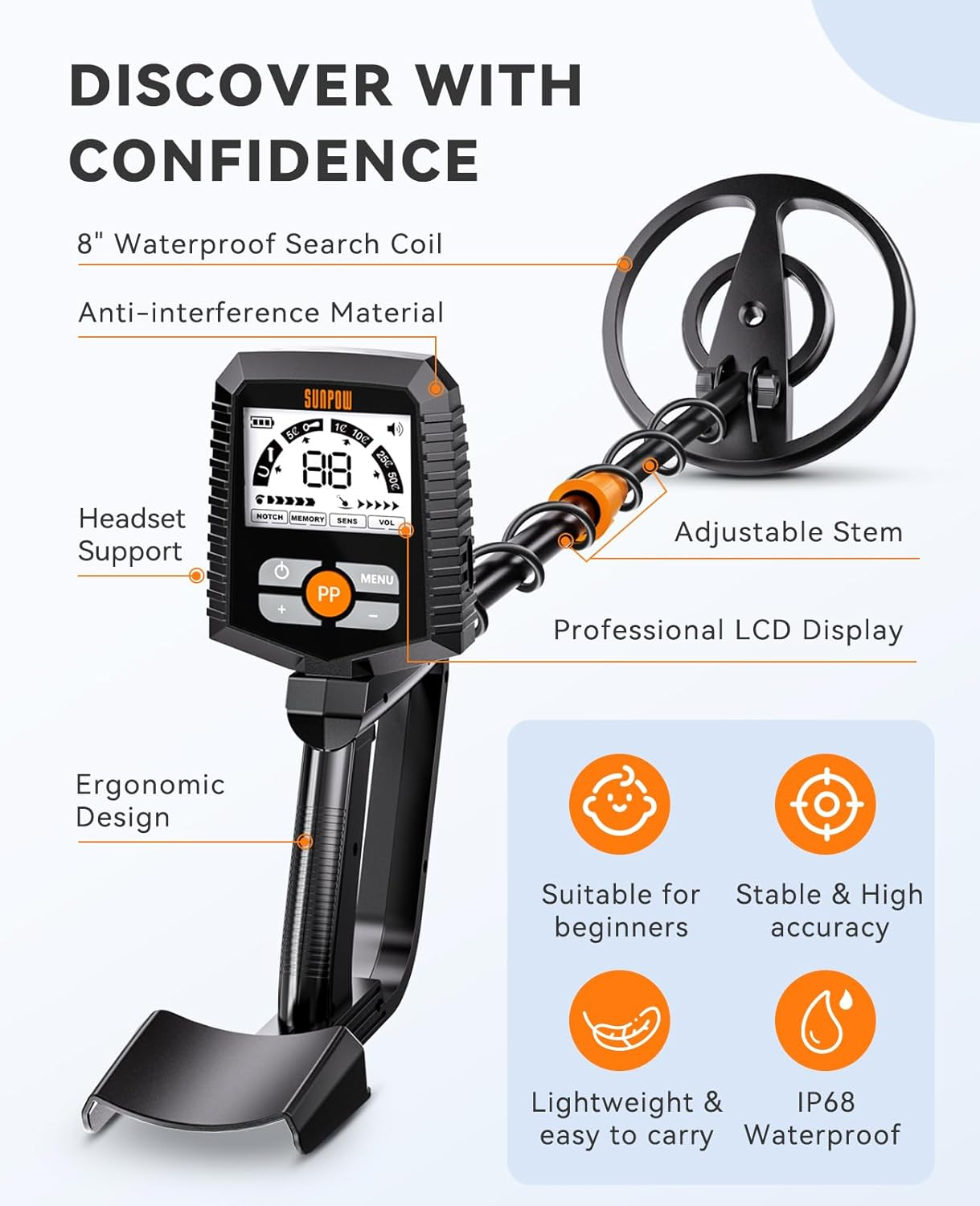 SUNPOW Metal Detector for Adults & Kids, Waterproof Metal Detector for Gold Detecting, Stable Anti-Interference, Big LCD Display, 4 Modes, IP68 Search Coil image number 5