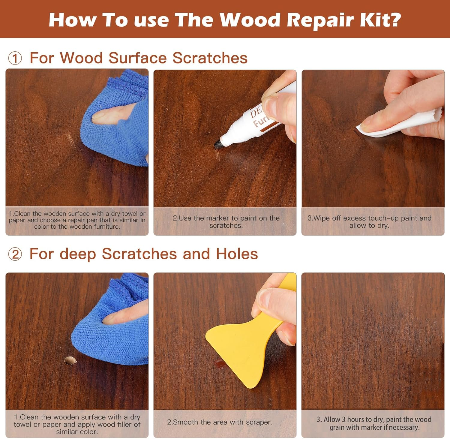 DEWEL Wood Furniture Repair Kit- 34 Sets, Wood Filler Sticks*12, Touch up Markers*12 with Wood Putty*1 for Repair and Cover Ups Scratch, Cracks, Hole, Discoloration for Door, Floor, Table