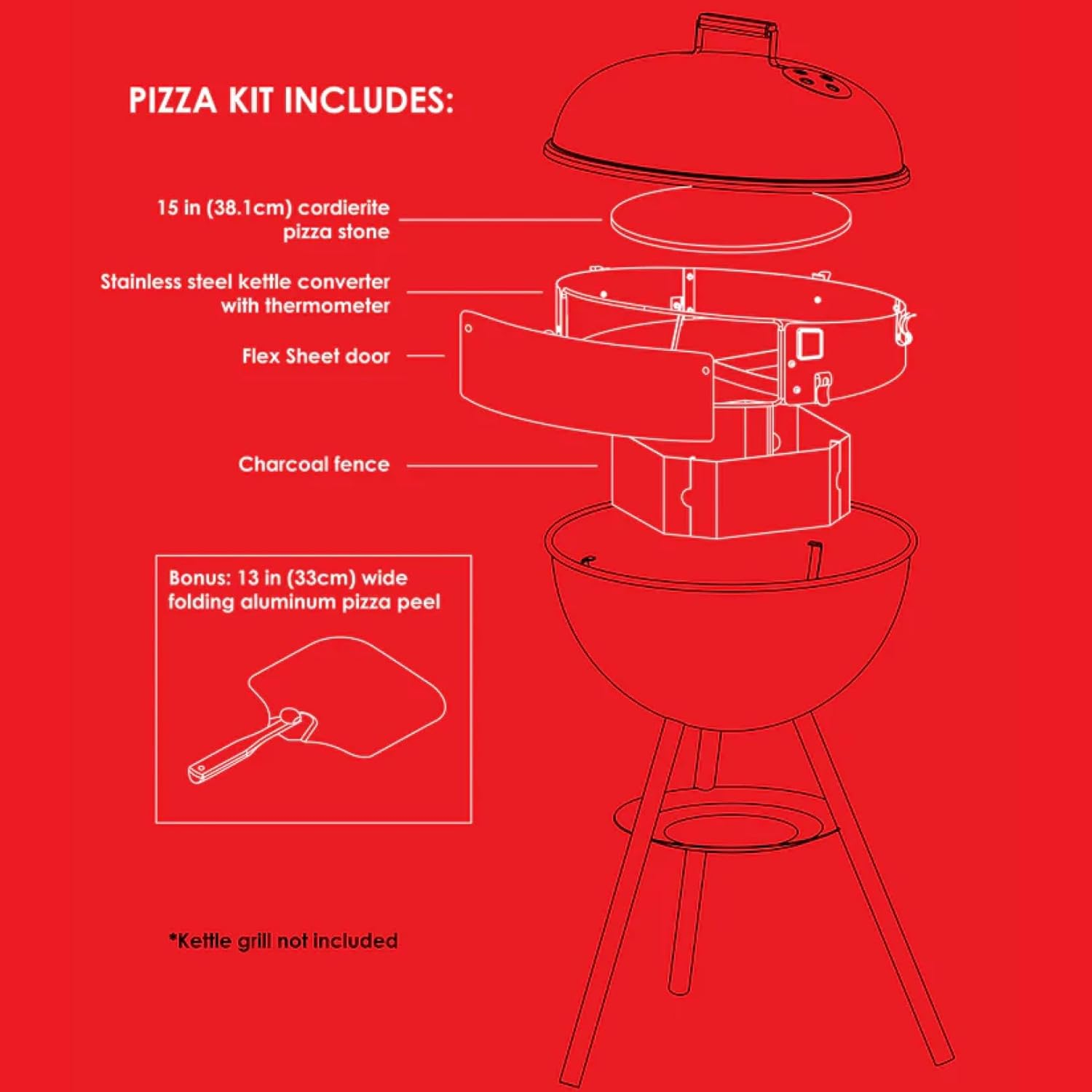 Pizzacraft PC7001 Pizzaque Deluxe Outdoor Pizza Oven Kettle Grill Conversion Kit, Silver, 18''/22.5'' image number 4