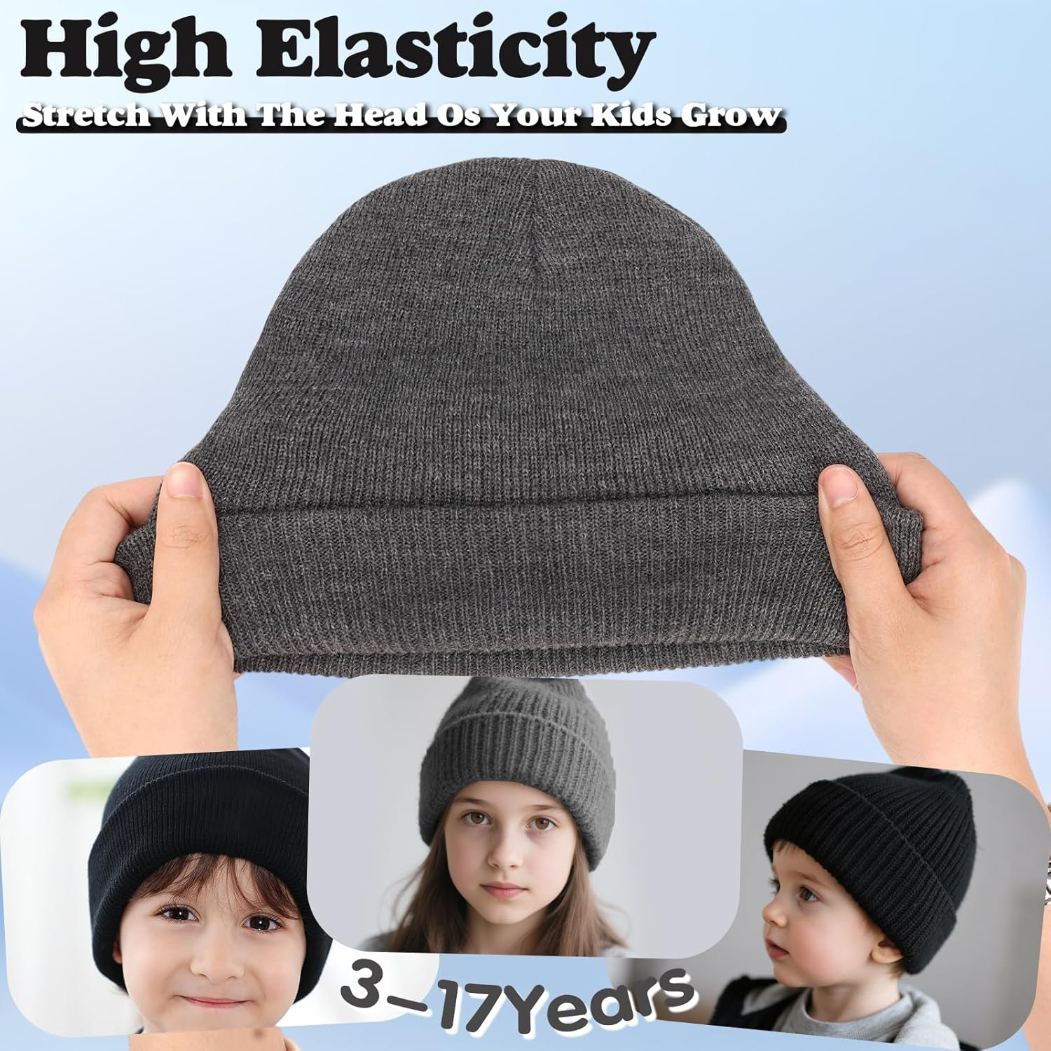 Fiohiros 2 Pack Kids Beanie, Baby Toddler Beanie, Warm Soft Stretchy Unisex Knit Winter Hat for Boys, Girls 3-17 Years - 2 Pack Black+Grey image number 2