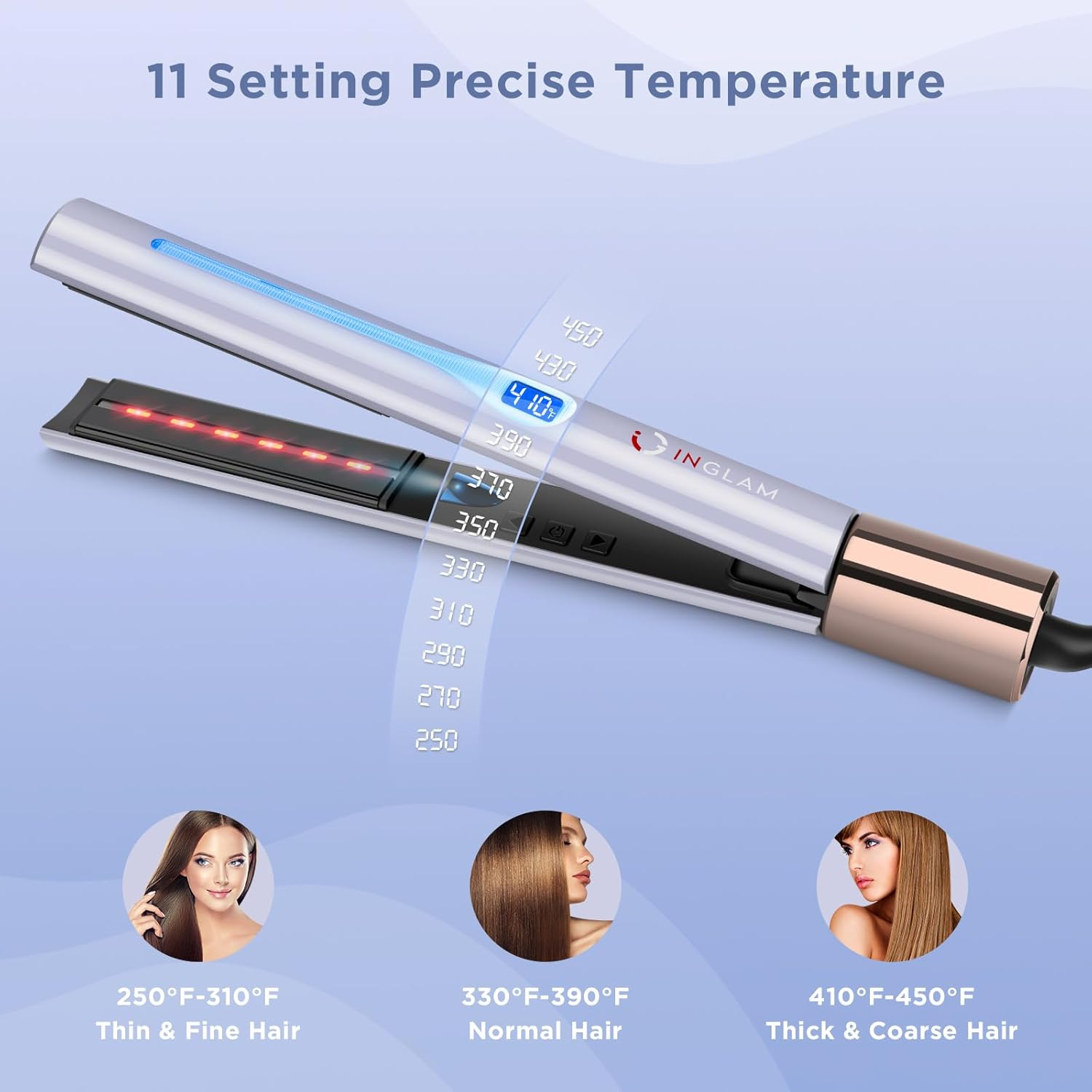 IG INGLAM Titanium Flat Iron Hair Straightener, Curling Iron 1 Inch, Infrared Negative Ionic Hair Straightener 11 Adjust Temp 250&deg;F to 450&deg;F, Shiny Hair Dual Voltage 110-240V, Gift, Purple image number 3