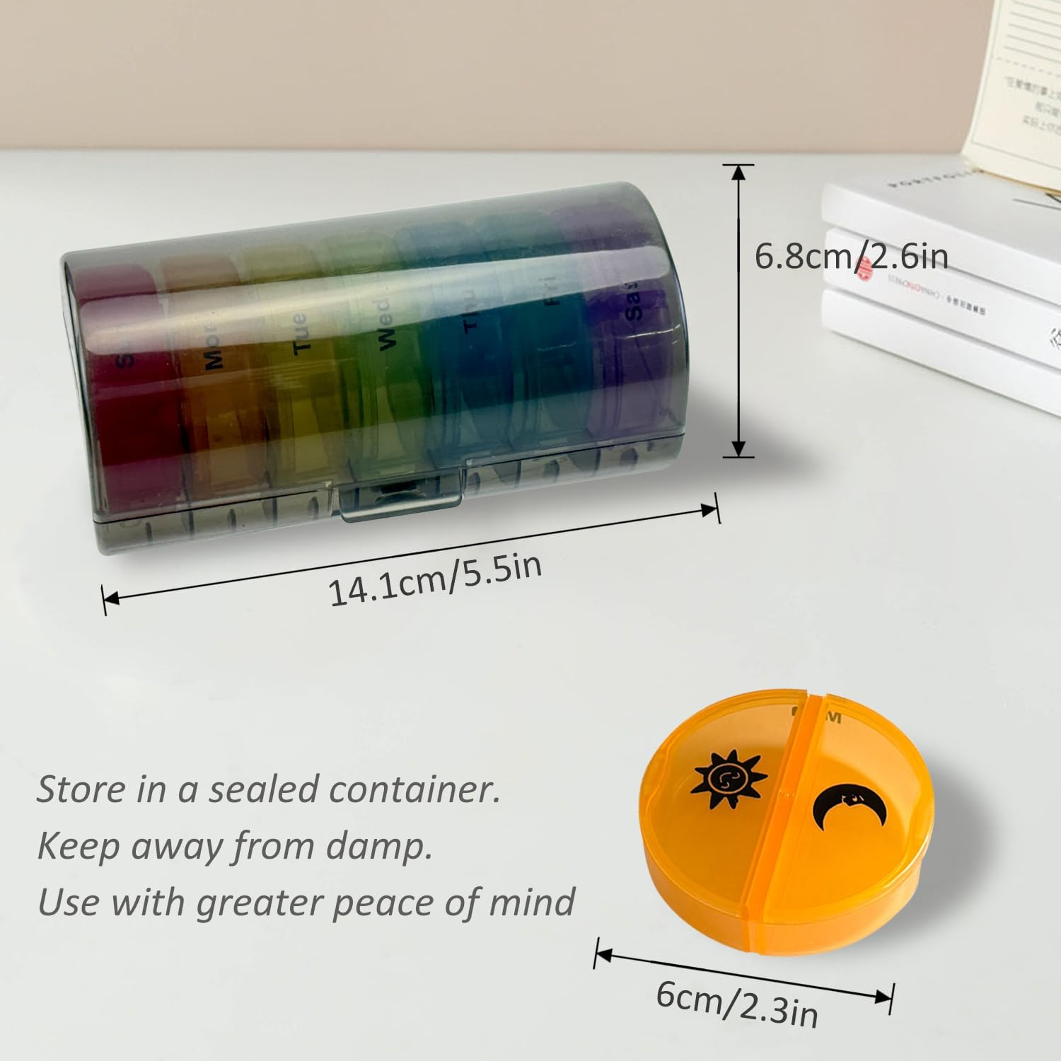 EKIND 7-Day AM PM Pill Organizer 14-Compartment Travel Medication Dispenser Moisture-Resistant Removable Daily Cases with Secure Snap Lids Black with Rainbow Tabs ﻿