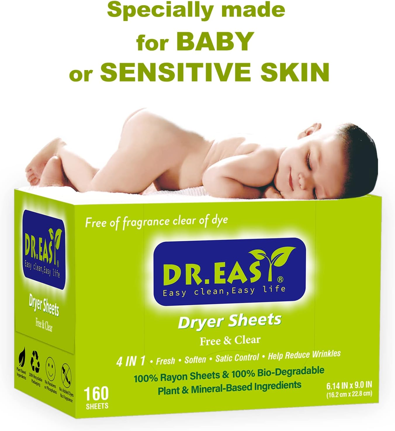 Dr.Easy Dryer Sheets Free & Clear Plant Based All Ingredients for Sensitive Skin 160 Ct 100% Rayon Fabric Softener Sheet Unscented & No Dyes Reduce Static & Wrinkles Soften Clothes Help Repel Pet Hair