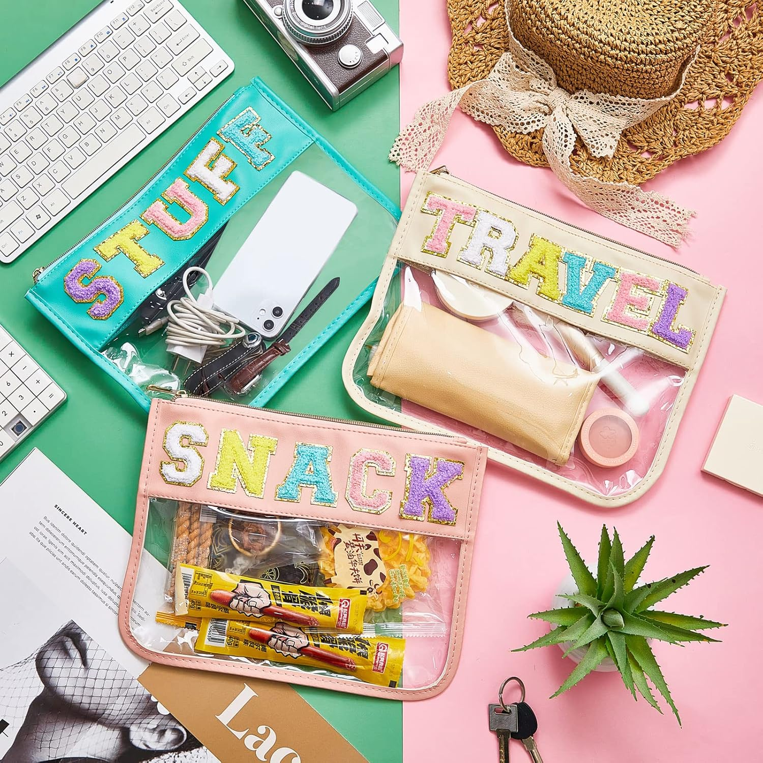 3 Pcs Chenille Letter Clear Zipper Pouch for Travel Waterproof Cosmetic Pouch Clear Snack Bags Nylon Travel Gym Beach Bag Multipurpose Makeup Bag for Women Girl (Soft Color, Travel, Stuff, Snack) image number 4