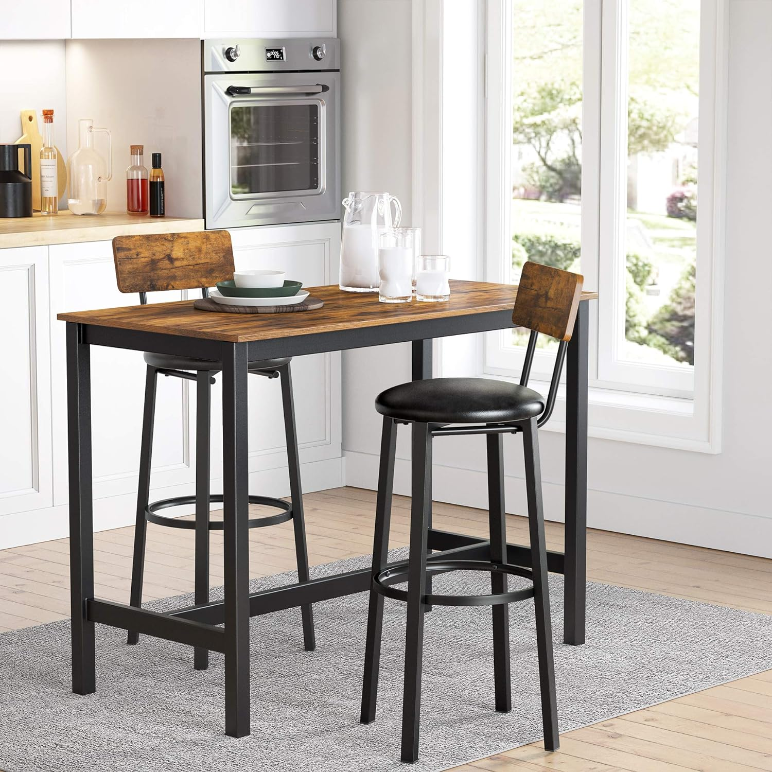 VASAGLE Set of 2 Bar Stools 39 X 39 X 100 Cm with Footrest PU Cover Easy Assembly for Dining Room Kitchen Counter Bar Vintage Brown Black LBC069B81 image number 3