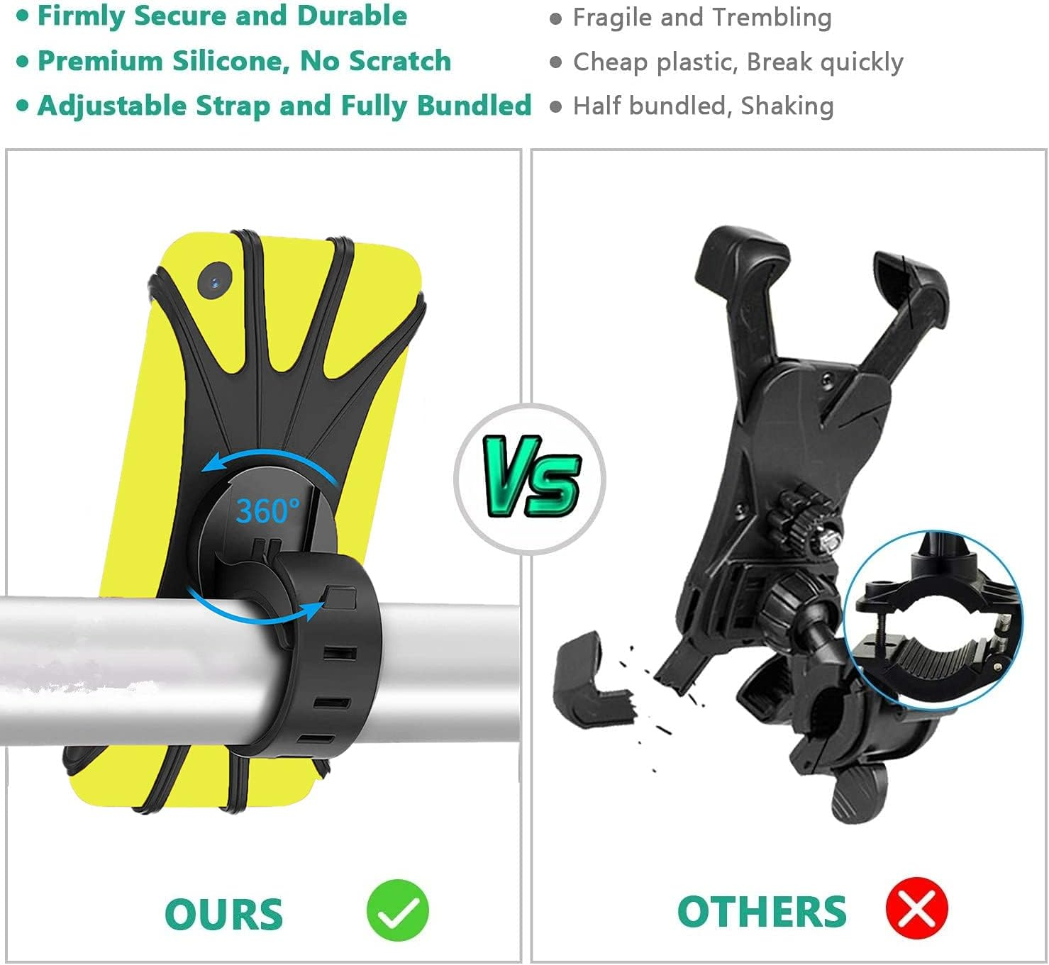 Bike Phone Mount, Silicone Bicycle Phone Holder, 360&deg; Adjustable, Face & Touch ID, Universal Motorcycle Phone Mount for All Phones image number 2