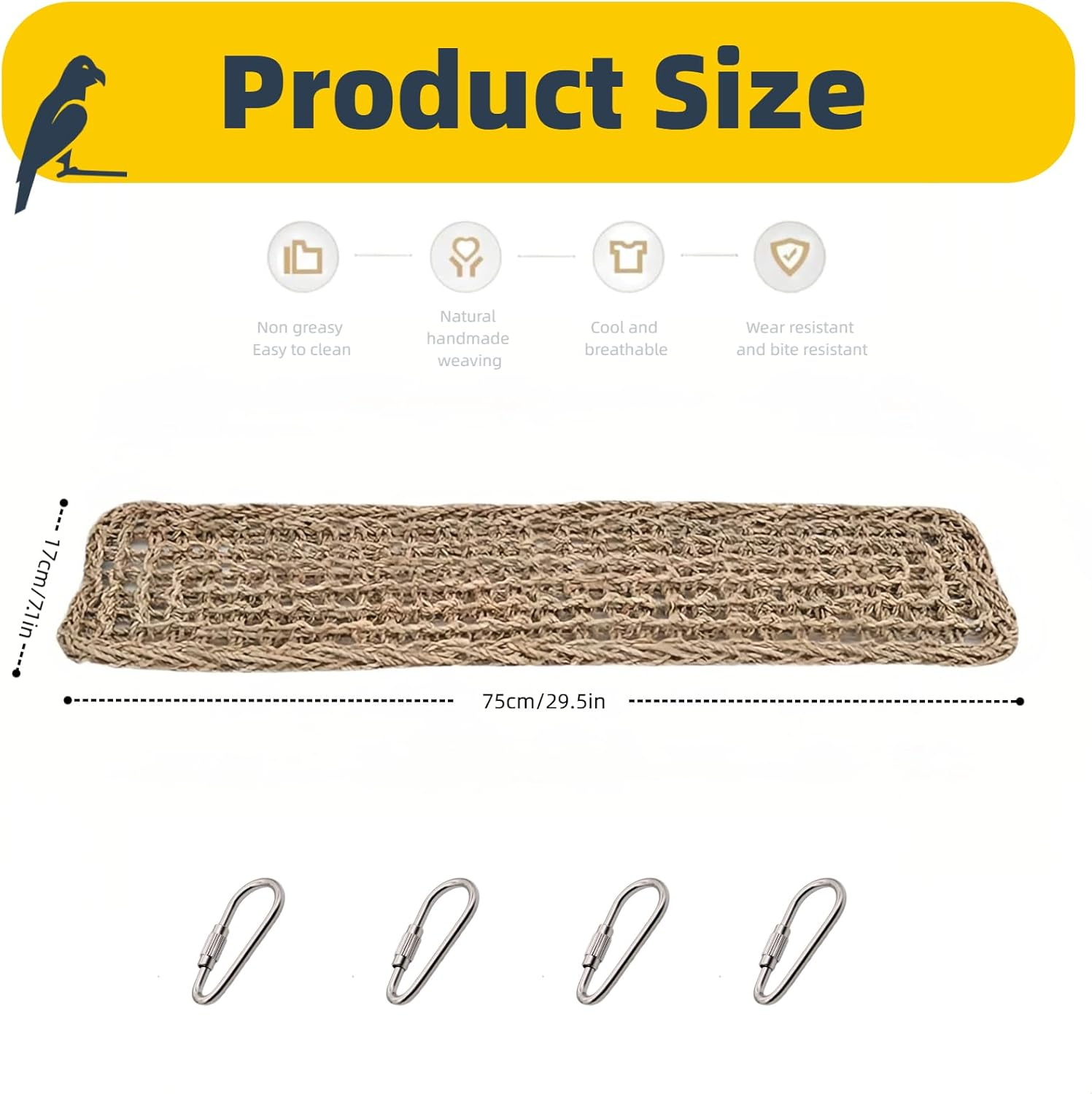 Natural Seagrass Bird Hammock Mat 29X7 Inch with 4 Hooks | Parrot Cage Chew Toy & Climbing Ladder | for Parakeet Lovebird Cockatiel Conure Budgie | Foraging Chewing Perching Birds