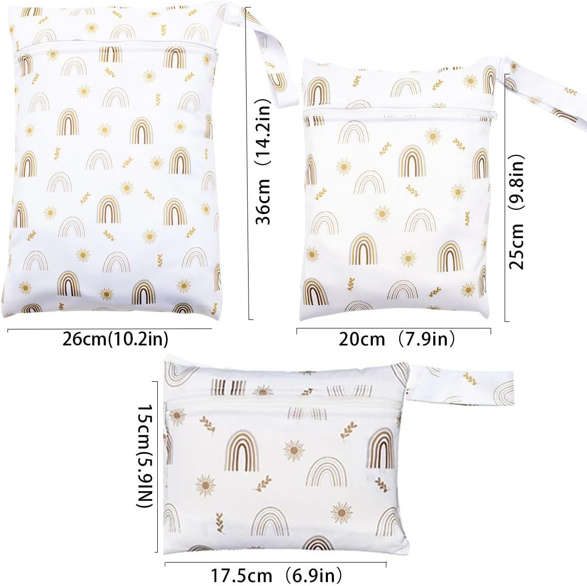 3 Pcs Wet Bags Waterproof Reusable Zippered Pocket Cloth Diaper Wet Dry Bags, Wet Bag Storage Bag Zipper Waterproof Washable Travel Bags with Zippered Pockets & Handle for Swimsuit Wet Clothes,Rainbow