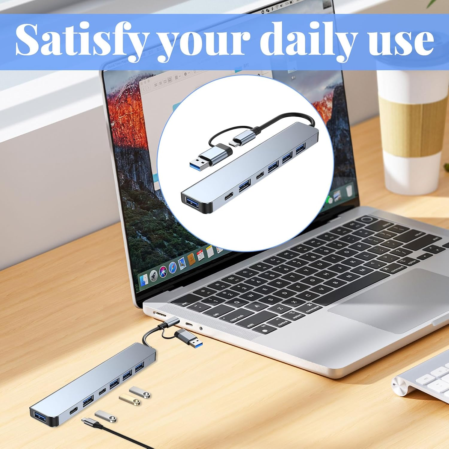 USB C Hub, Powered USB Hub, Usbc Hub, Aluminum 7 in 1 USB Extender, USB 3.0, USB 2.0 Ports for Macbook Pro Air and More Devices, Multiple Usb-Hub Compatible for Macbook,Laptop,Computer,Imac,Ipad