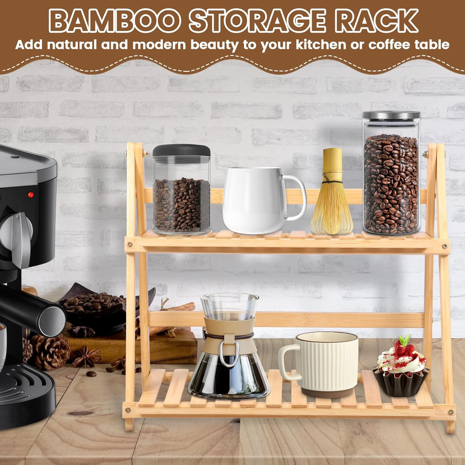 Fwqofvk Coffee Station Organizer for Countertop, Bamboo Kitchen Counter Shelf, 2 Tier Countertop Organizer, Spice Rack for Kitchen, Home, Office (Burlywood) image number 4