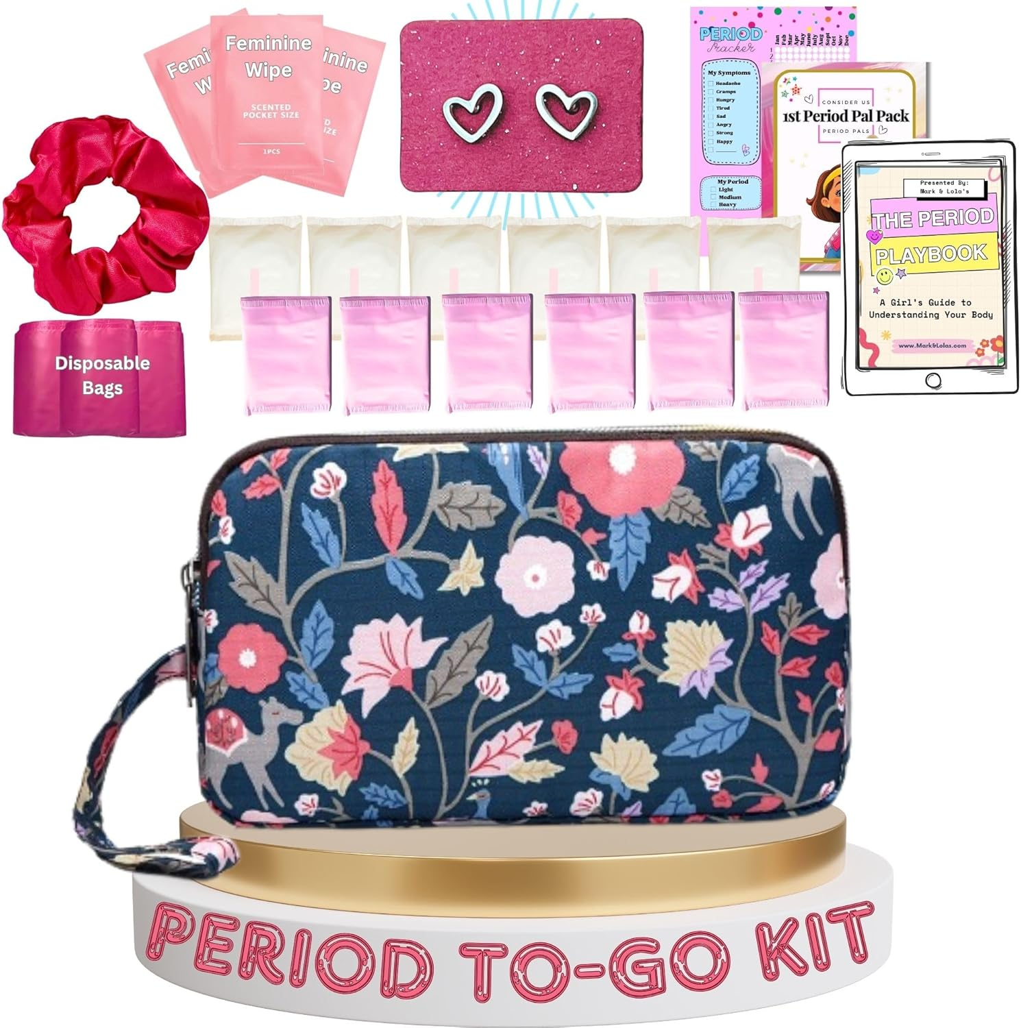 First Period Pal Pack To-Go Kit | 26 Pcs | First Period Kit for Tweens | Teen Period Kit| Discrete Period Bag, Pads, Panty Liners, Period Kits for Tweens 10-12 (Florets)