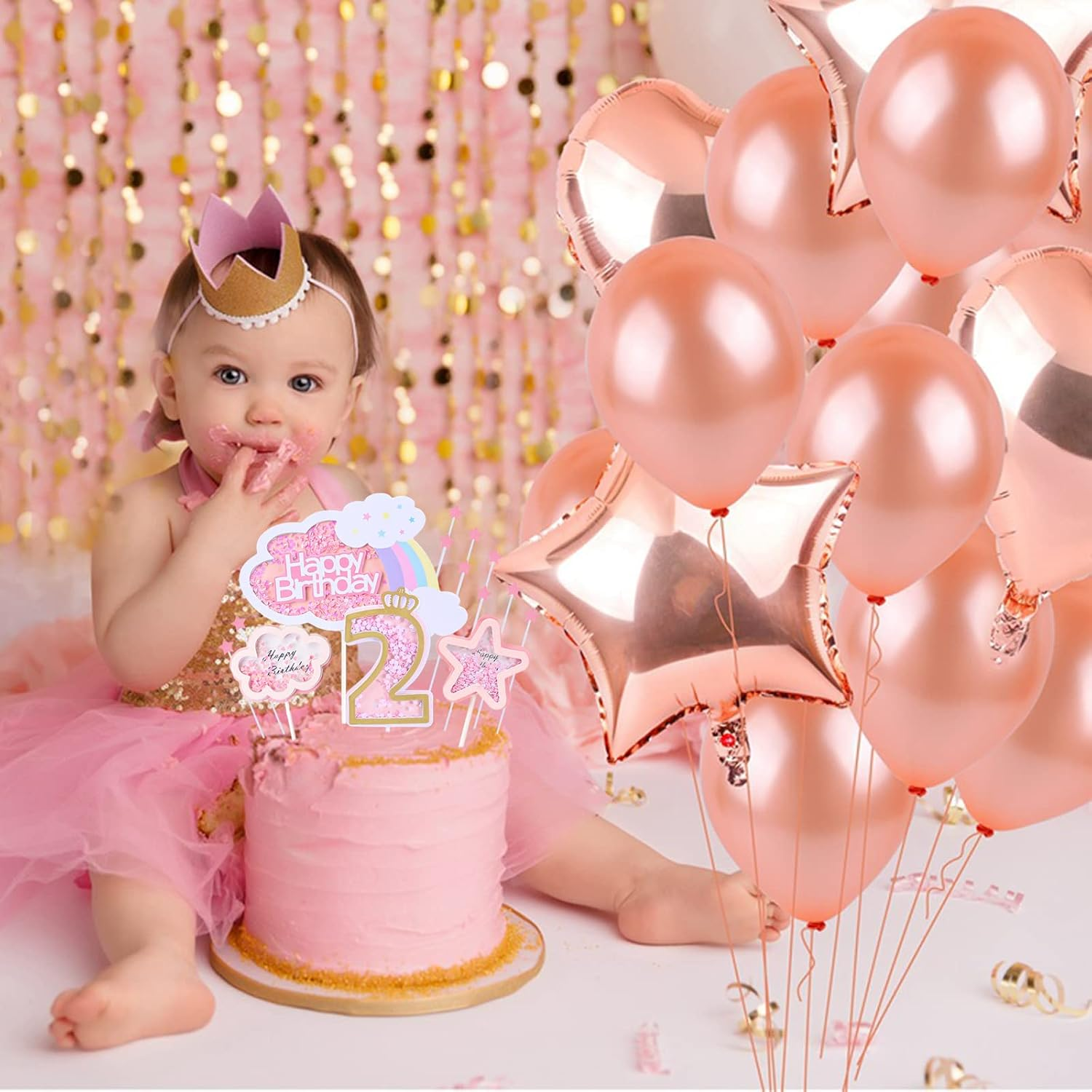 Kawailay Baby Girl 2Nd Birthday Cake Decoration Set Second Birthday Cake Topper with Rainbow Clouds Stars Cake Picks Two Year Old Cake Topper for Girls Birthday Party Supplies - Pink image number 1