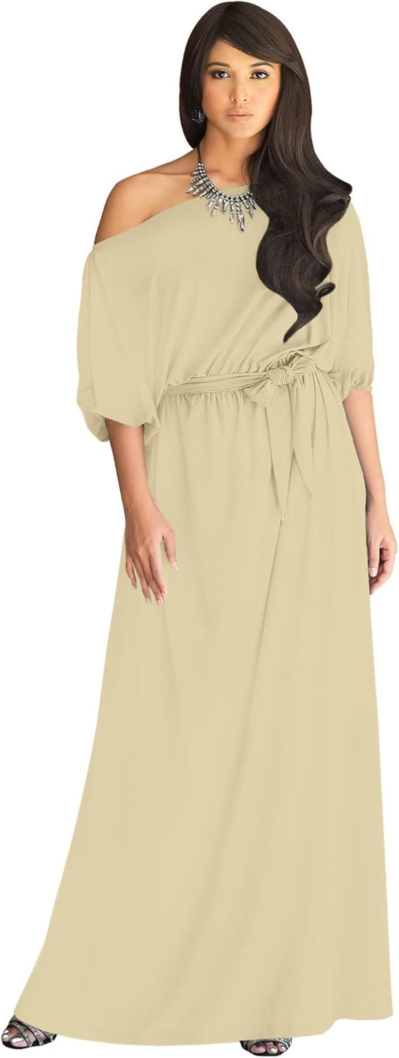 KOH KOH Womens Long Sexy One Shoulder Flowy Casual 3/4 Short Sleeve Maxi Dress