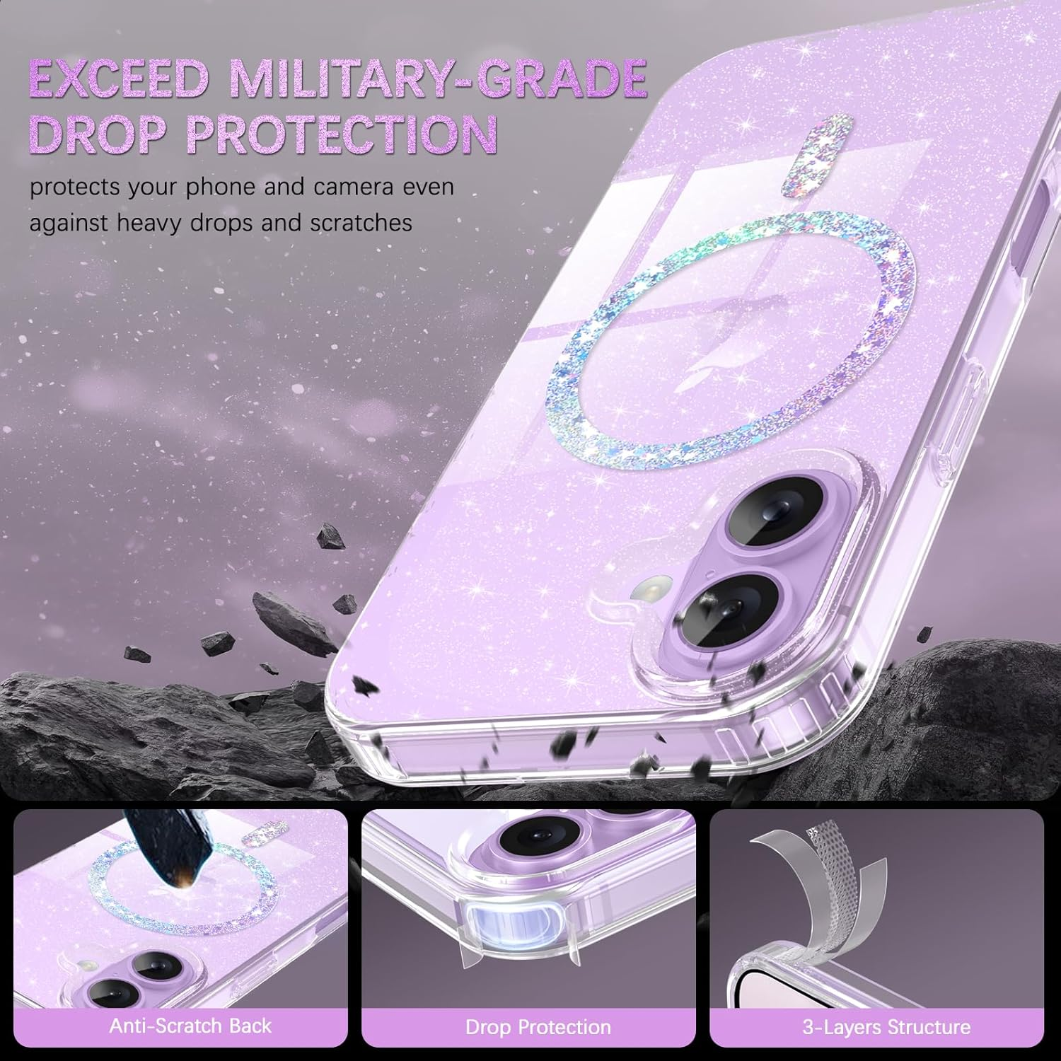 Gaobao Compatible with Iphone 17 6.3 Inch, Magnetic Glitter Case Compatible with Magsafe, Clear Cute Bling for Women and Girls, Slim Shiny Shockproof & Protective Sparkly Cover Crystal Clear Glitter image number 3