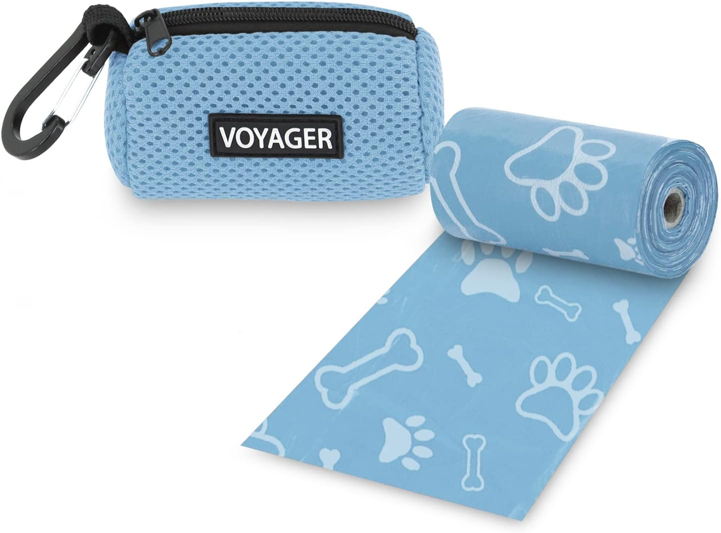 Best Pet Supplies Dog Poop Bag Holder Leash Attachment with 15 Bags, Blue, Reusable Mesh Dispenser Pouch for Travel, Walking, Park, and Outdoor Use, Soft and Durable with Clip-On