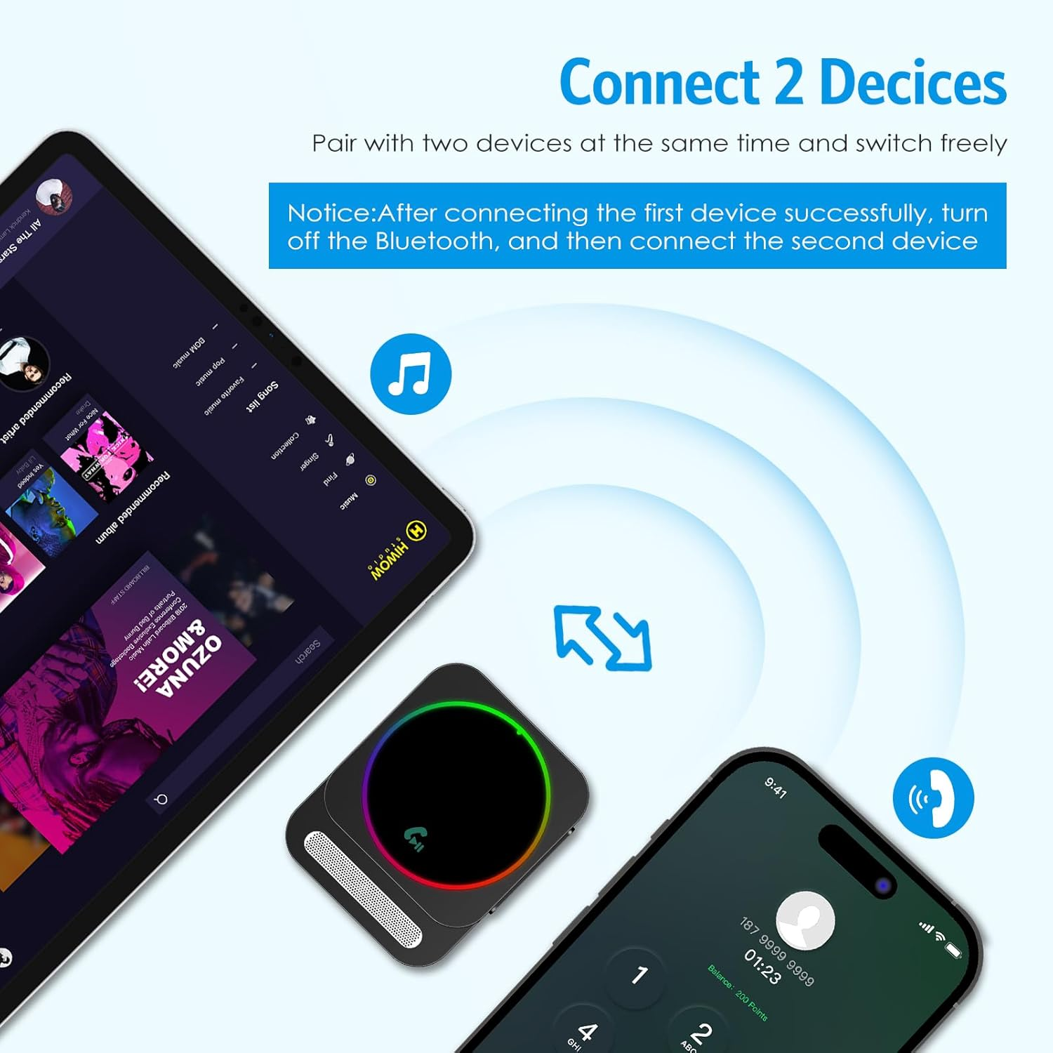 AMIR Bluetooth 5.3 Transmitter and Receiver for Car, 3.5Mm Aux Bluetooth Adapter with Dual Device Connection, Hands-Free Calls, 20H Battery Life Compatible for Speaker Home Stereo TV Headphones image number 2