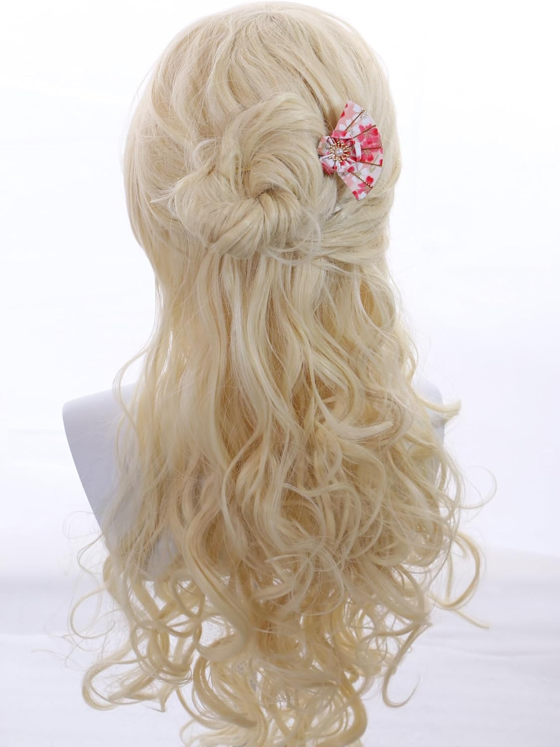 C-121-3 Pink White Hair Pin Fan Shape Pin Hairpin Fabric Flower Sakura Japan Geisha Kimono Accessory image number 5