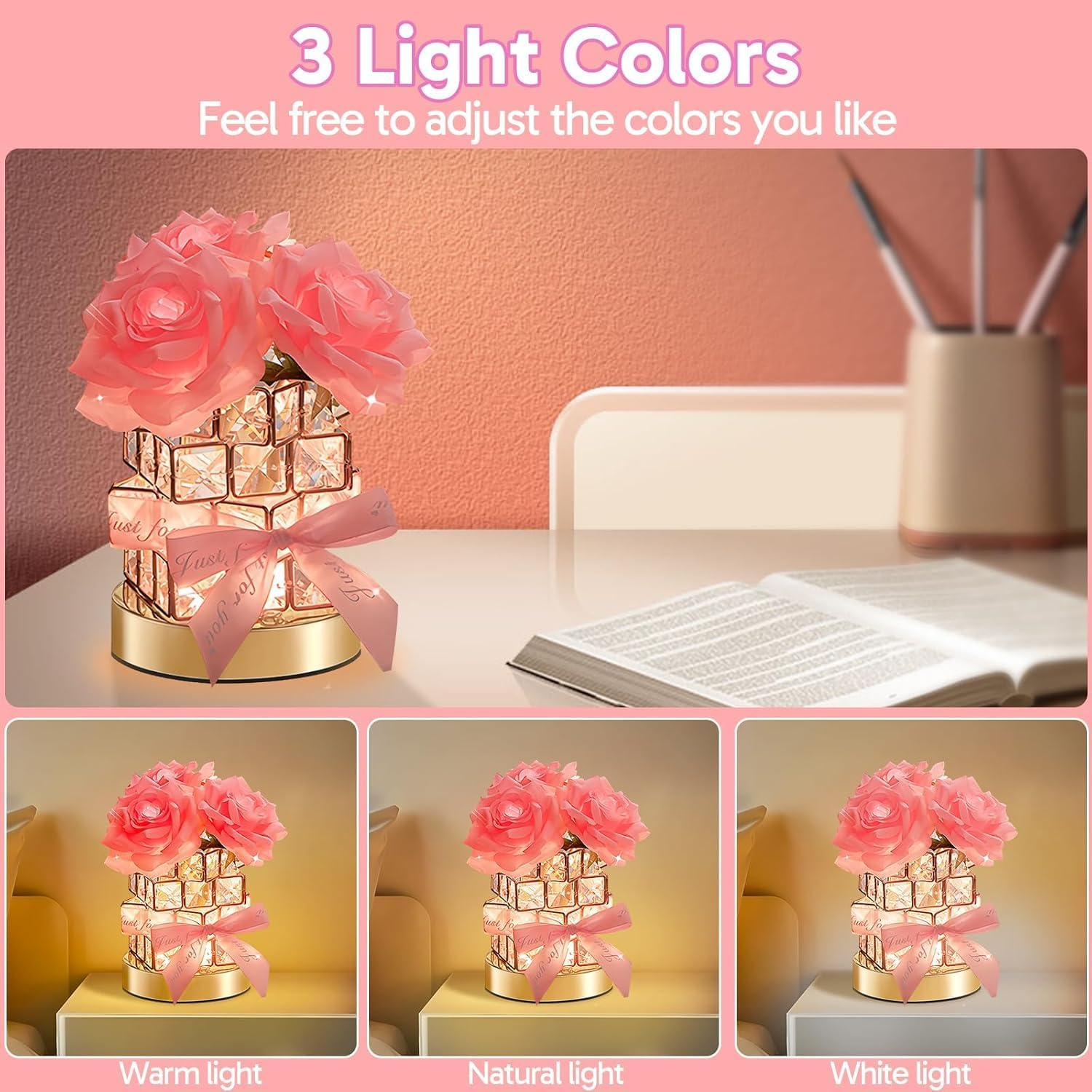Crystal Table Lamp, Rechargeable Cordless Rose Light 3 Colors Dimmable Flower Lamp, Romantic LED Rose Diamond Lamp for Bedroom Pink Room Decor, for Valentine Birthday Christmas Thanksgiving (Pink) image number 1