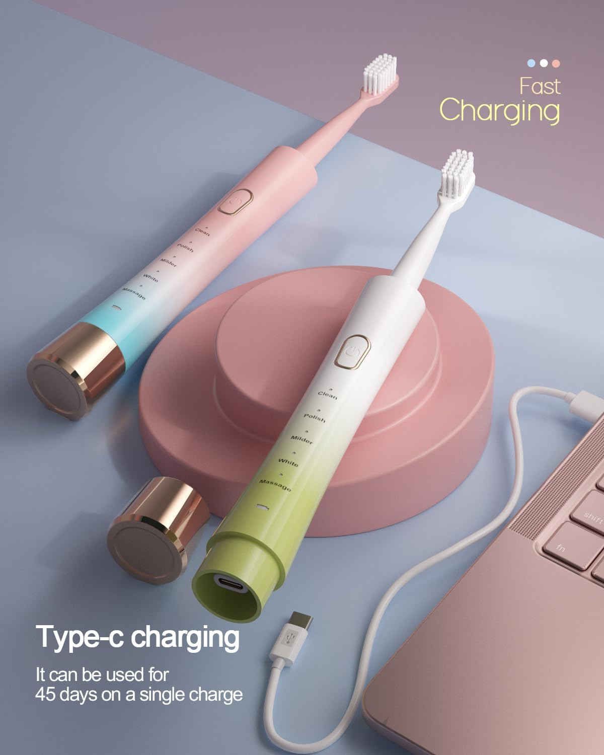 Upgrade Sonic Electric Toothbrush for Adults, 8 Replacement Brush Heads, Rechargeable Electric Toothbrush with 2-Minutes Timer IPX7 Water-Proof, for Indoor & Outdoor, White & Green Gradient image number 2