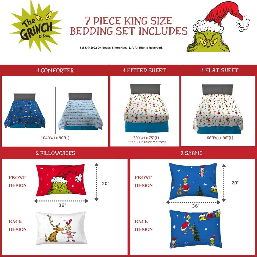 Franco Grinch by Dr. Seuss Holiday & Christmas Bedding Super Soft Comforter and Sheet Set with Sham, 7 Piece King Size (Official Dr. Seuss Product) image number 2