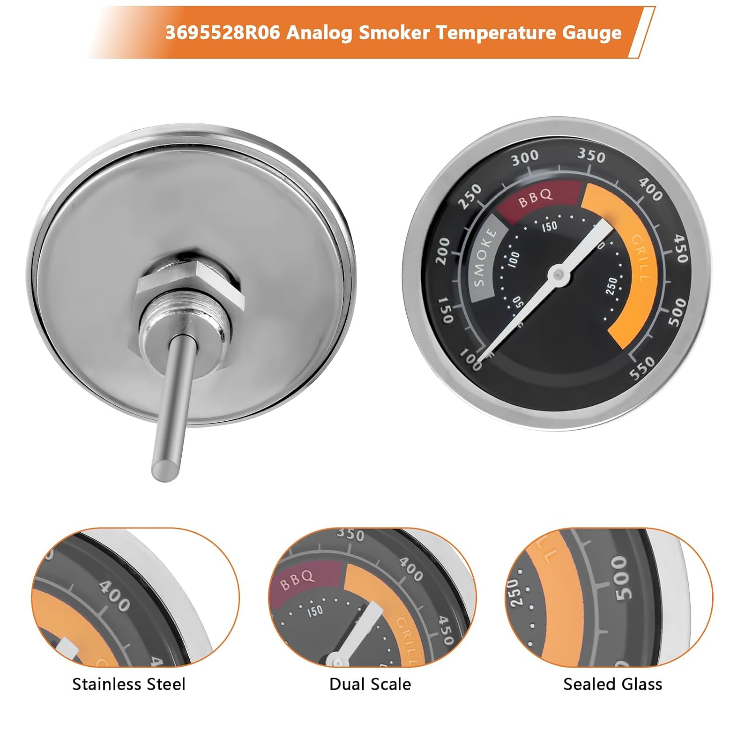 3695528R06 Analog Smoker Temperature Gauge Compatible with Oklahoma Joe'S Smokers and Most 13/16-Inch Opening Charcoal Grills & Charcoal Smokers, BBQ Temp Gauge Stainless Steel Thermometer (2Packs) image number 4