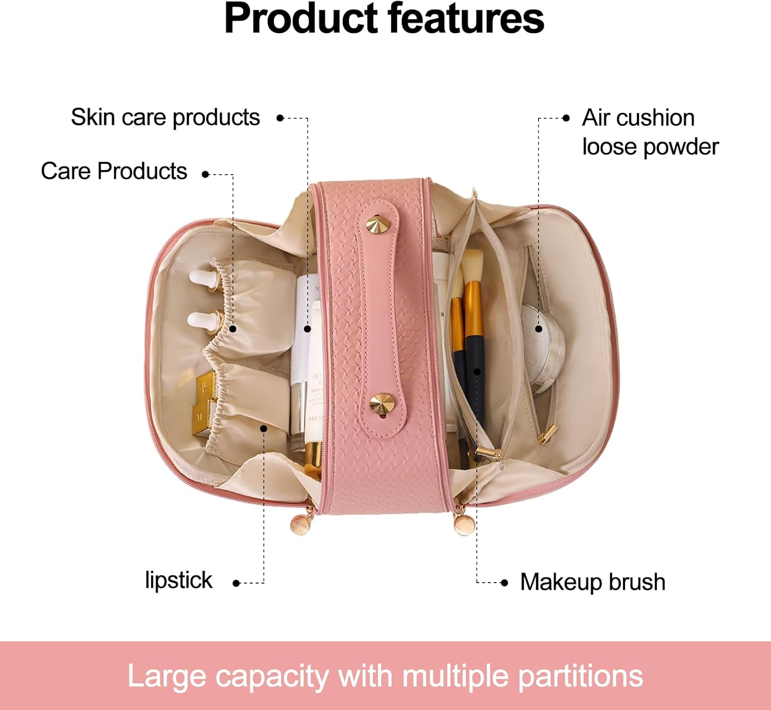 Vbvbip 2025 New Elegant Travel Makeup Bag for Women, Waterproof Cosmetic Organizer Pouch, Large Quilted Makeup Bags，Pink image number 1