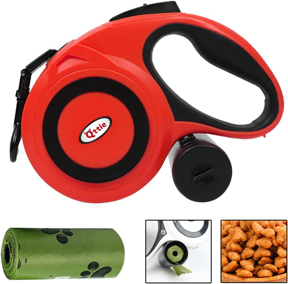 Retractable Dog Leash Lead with Dispenser and Poop Bags, Pet Walking Leash for Large Dog or Cat, Anti-Slip Soft Handle, Tangle Free, Reflective Nylon Tape(Black, 5 Meters, Max Load 50KG)