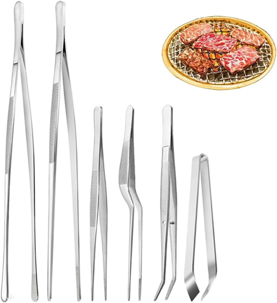 Cooking Tweezer Tongs,Caasfooy 6 Pcs Multifunctional Stainless Steel Food Tongs,Kitchen Tweezer Set,Professional Chef Tweezers for BBQ, Cooking,Buffet,Sea Food(Silver) image number 1