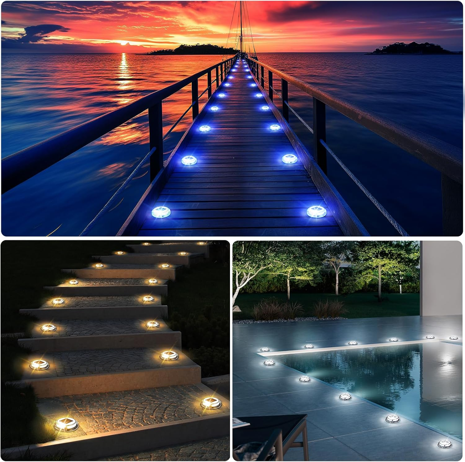 Quntis Solar Deck Lights Outdoor 2 Pack, 3 Color Modes Solar Driveway Lights IP68 Waterproof, Deck Light for Stair Pathway Pool Walkway Road (Blue/Cool White/Warm White) image number 1